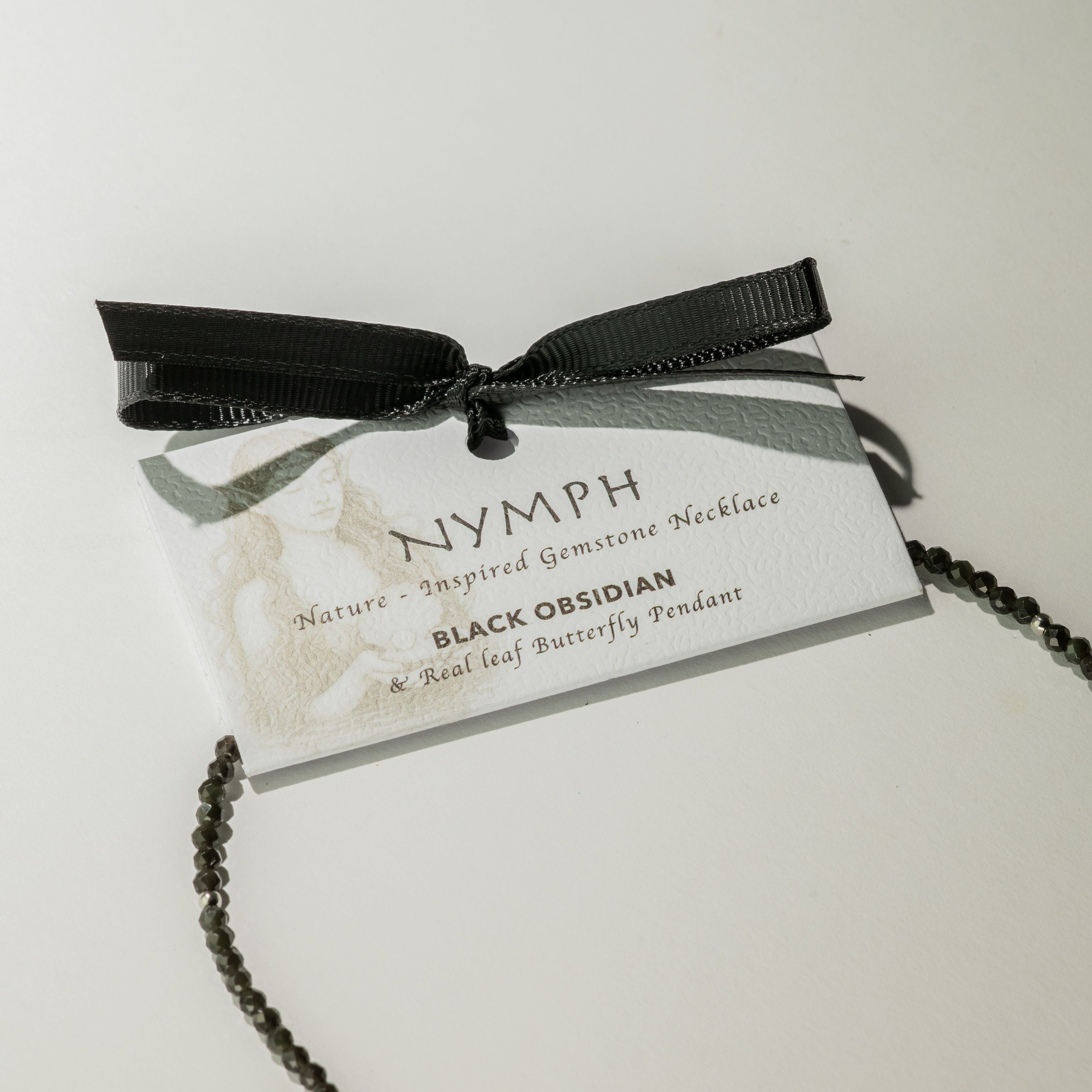 Nymph Black Obsidian Gemstone Necklace with Real Leaf Butterfly Pendant Necklaces