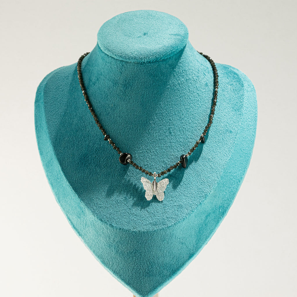 Nymph Black Obsidian Gemstone Necklace with Real Leaf Butterfly Pendant Necklaces