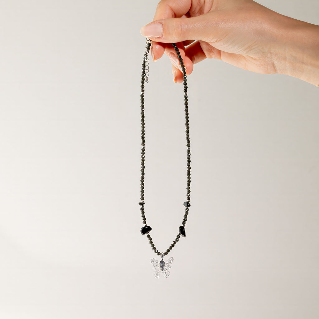 Nymph Black Obsidian Gemstone Necklace with Real Leaf Butterfly Pendant Necklaces
