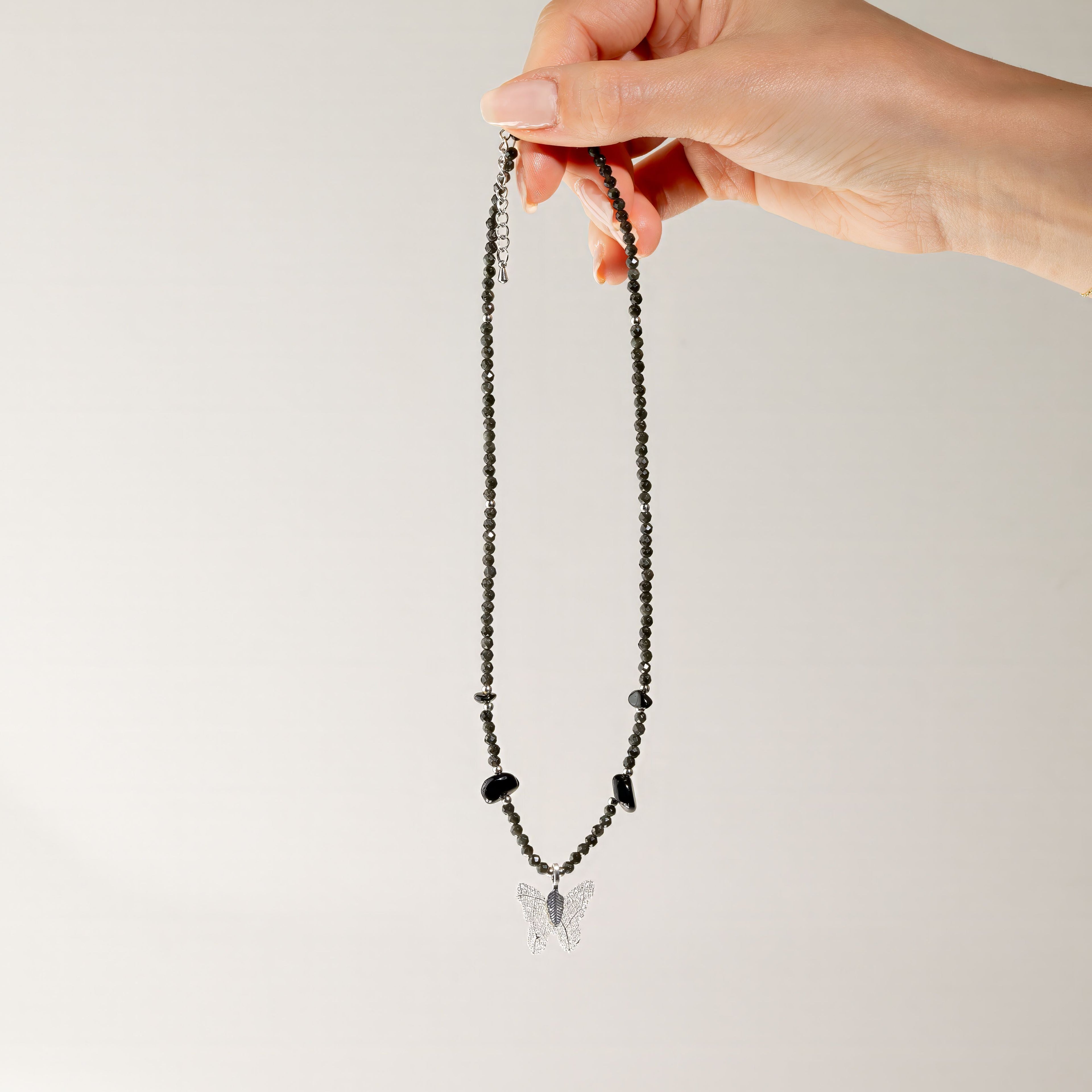 Nymph Black Obsidian Gemstone Necklace with Real Leaf Butterfly Pendant Necklaces