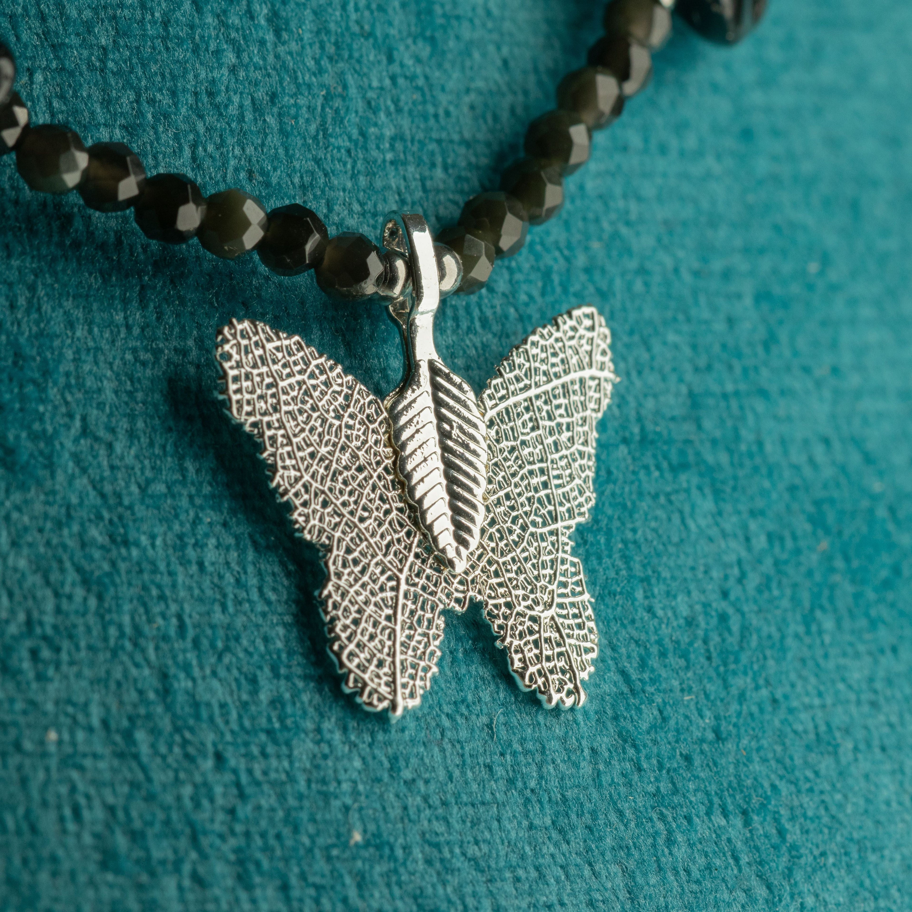 Nymph Black Obsidian Gemstone Necklace with Real Leaf Butterfly Pendant Necklaces