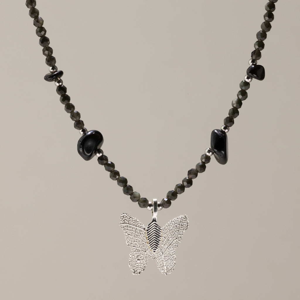 Nymph Black Obsidian Gemstone Necklace with Real Leaf Butterfly Pendant Necklaces