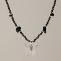 Nymph Black Obsidian Gemstone Necklace with Real Leaf Butterfly Pendant Necklaces