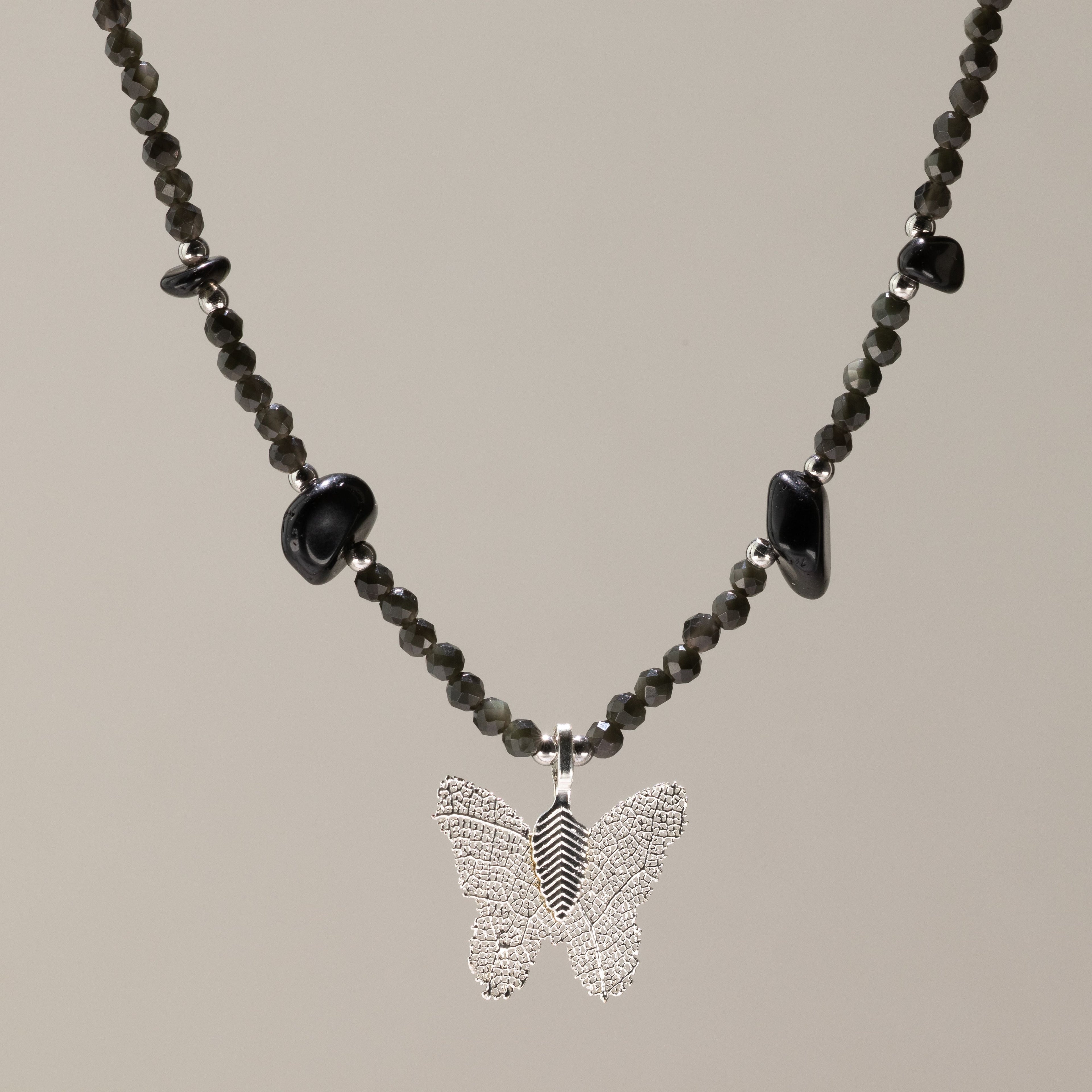 Nymph Black Obsidian Gemstone Necklace with Real Leaf Butterfly Pendant Necklaces