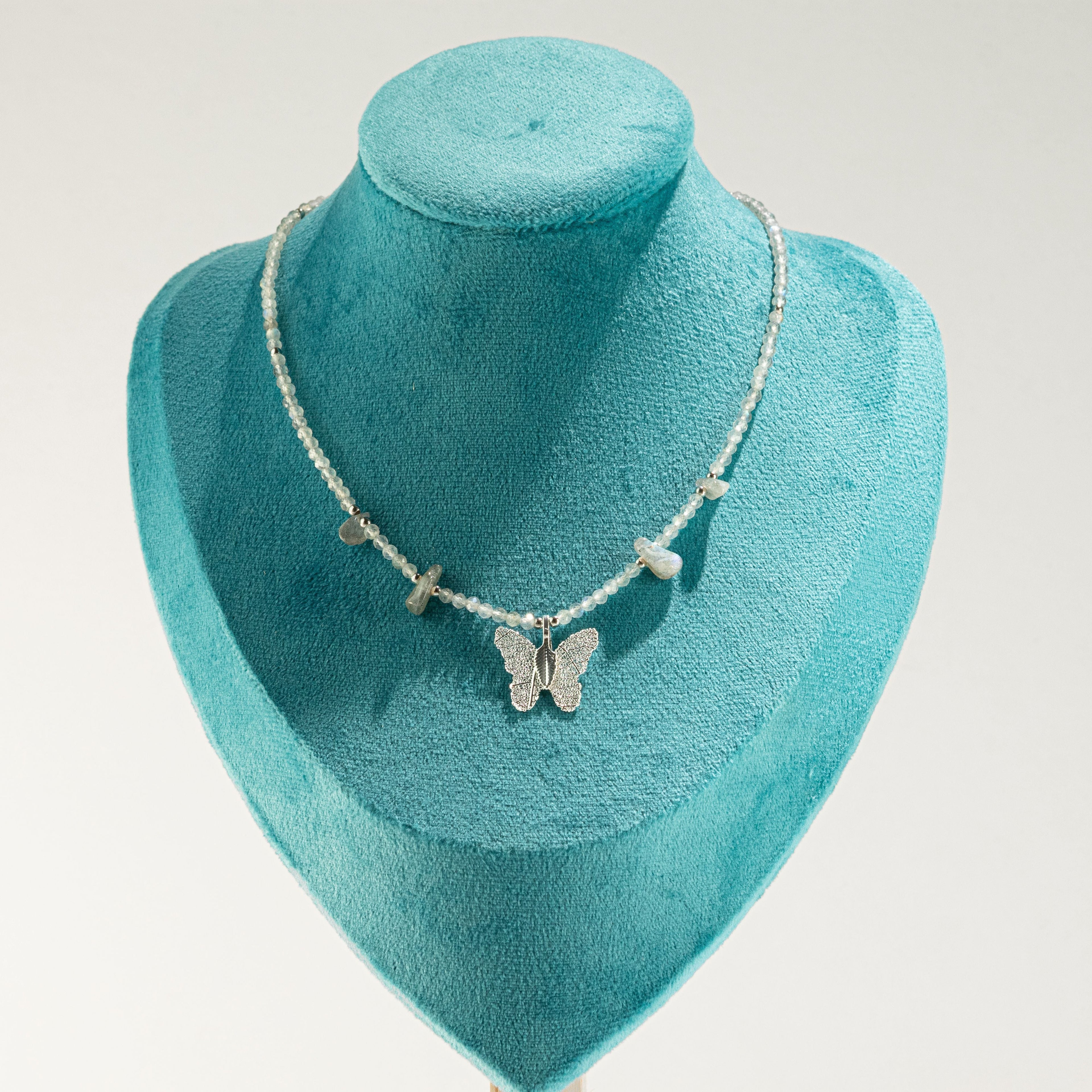 Nymph Labradorite Gemstone Necklace with Real Leaf Butterfly Pendant Necklaces