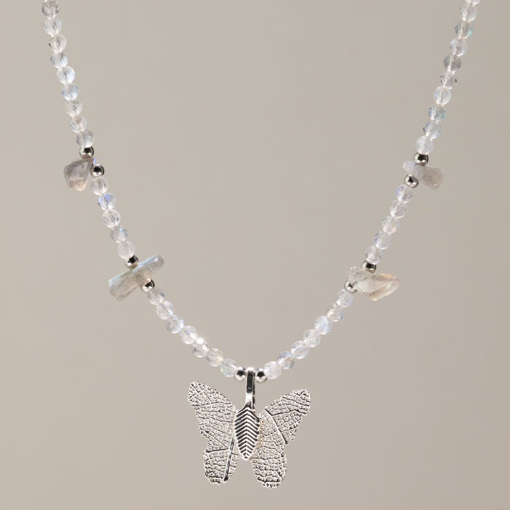 Nymph Labradorite Gemstone Necklace with Real Leaf Butterfly Pendant Necklaces