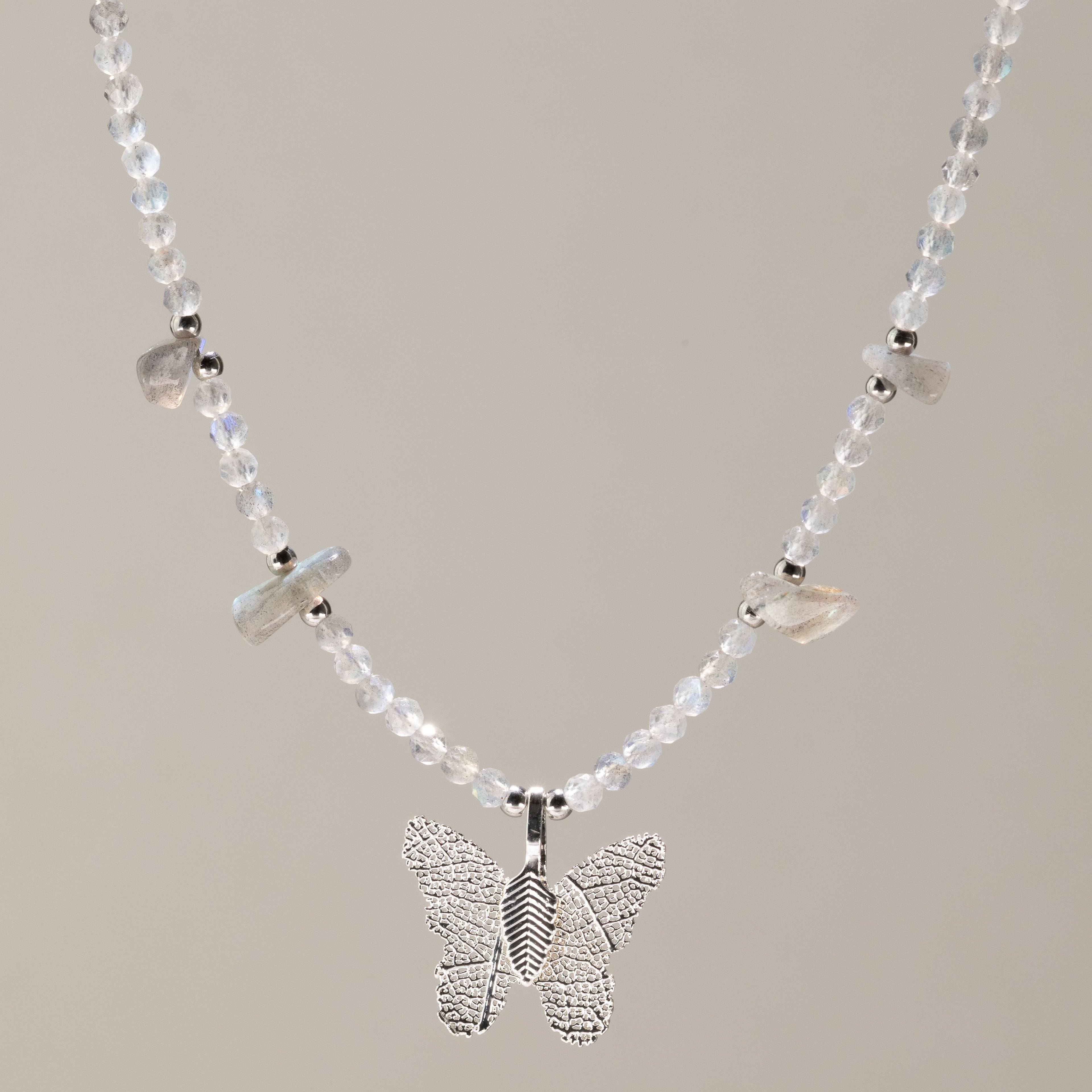 Nymph Labradorite Gemstone Necklace with Real Leaf Butterfly Pendant Necklaces