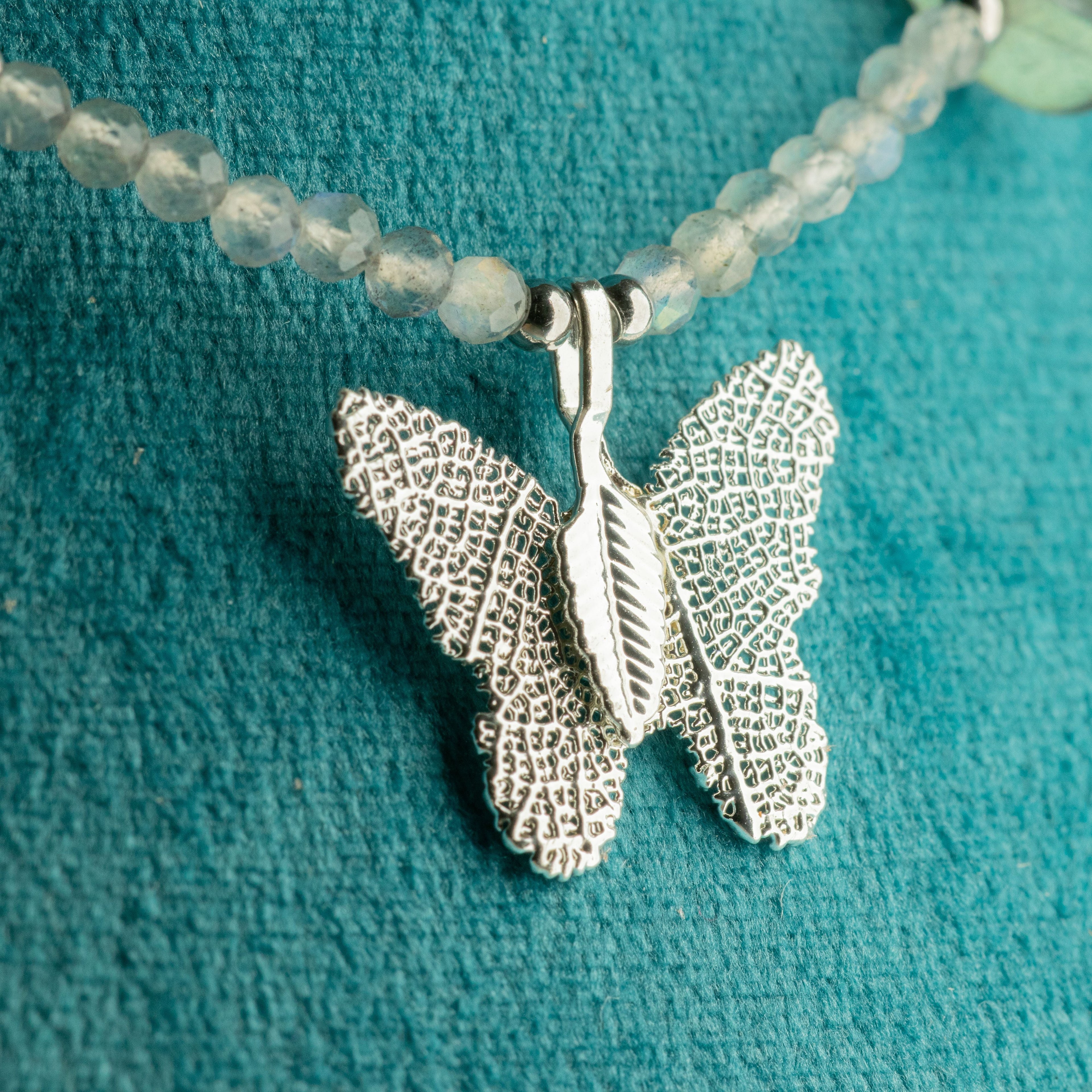 Nymph Labradorite Gemstone Necklace with Real Leaf Butterfly Pendant Necklaces
