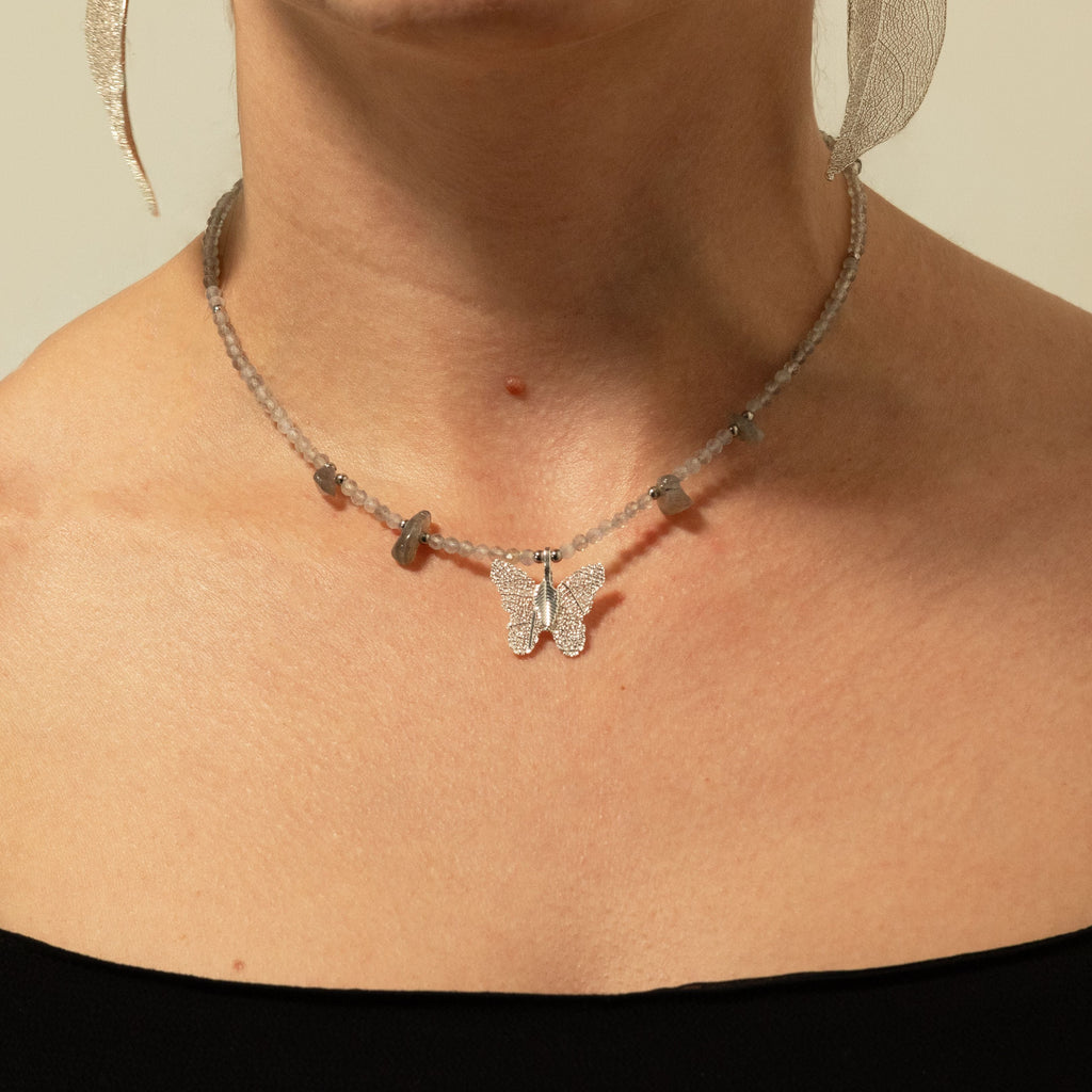 Nymph Labradorite Gemstone Necklace with Real Leaf Butterfly Pendant Necklaces