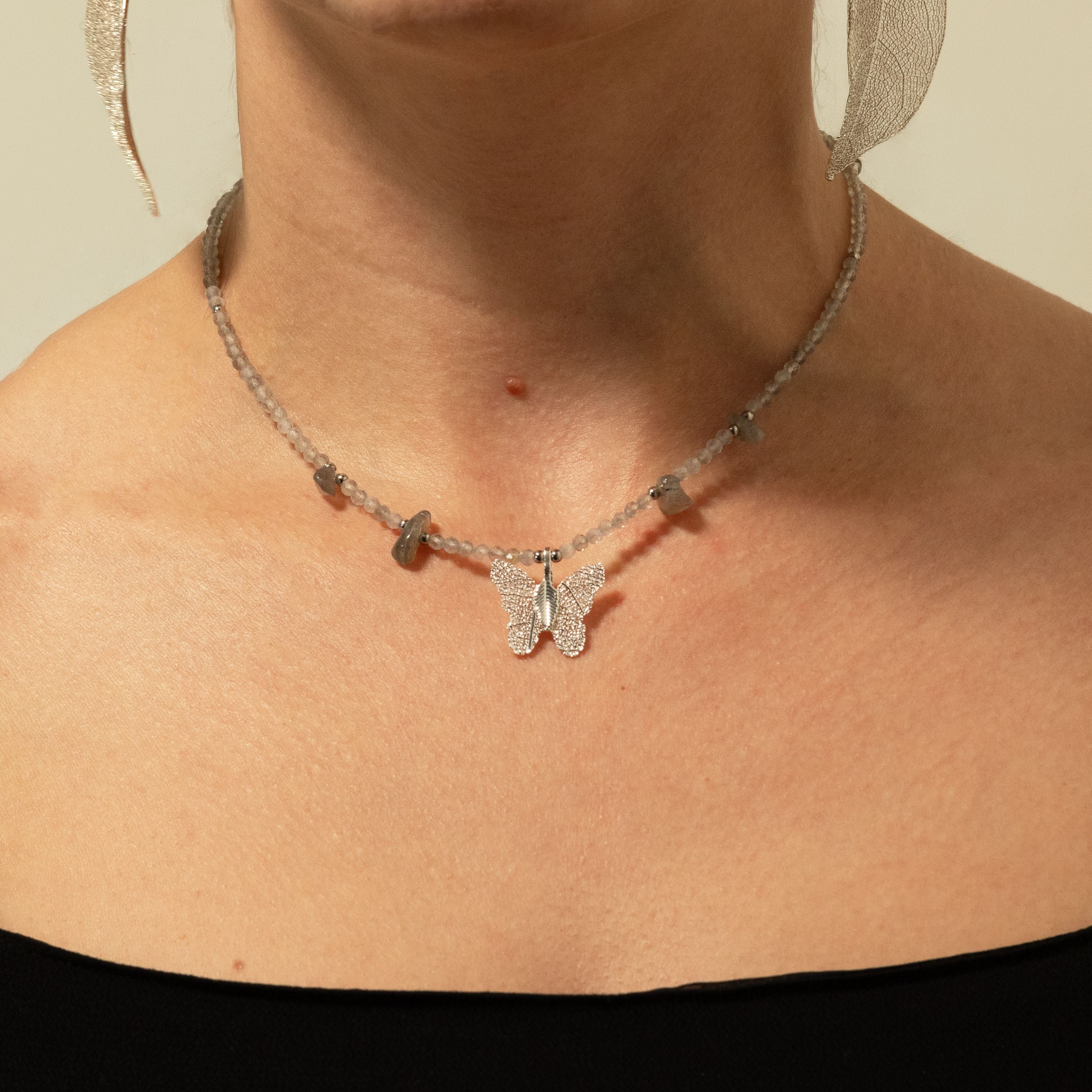 Nymph Labradorite Gemstone Necklace with Real Leaf Butterfly Pendant Necklaces