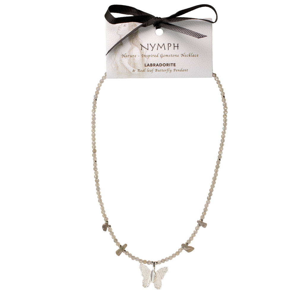 Nymph Labradorite Gemstone Necklace with Real Leaf Butterfly Pendant Necklaces