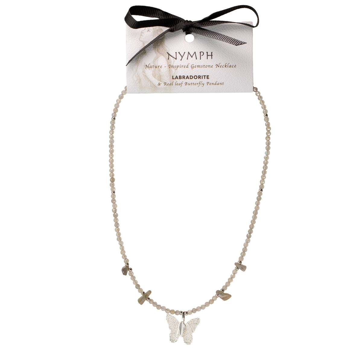 Nymph Labradorite Gemstone Necklace with Real Leaf Butterfly Pendant Necklaces