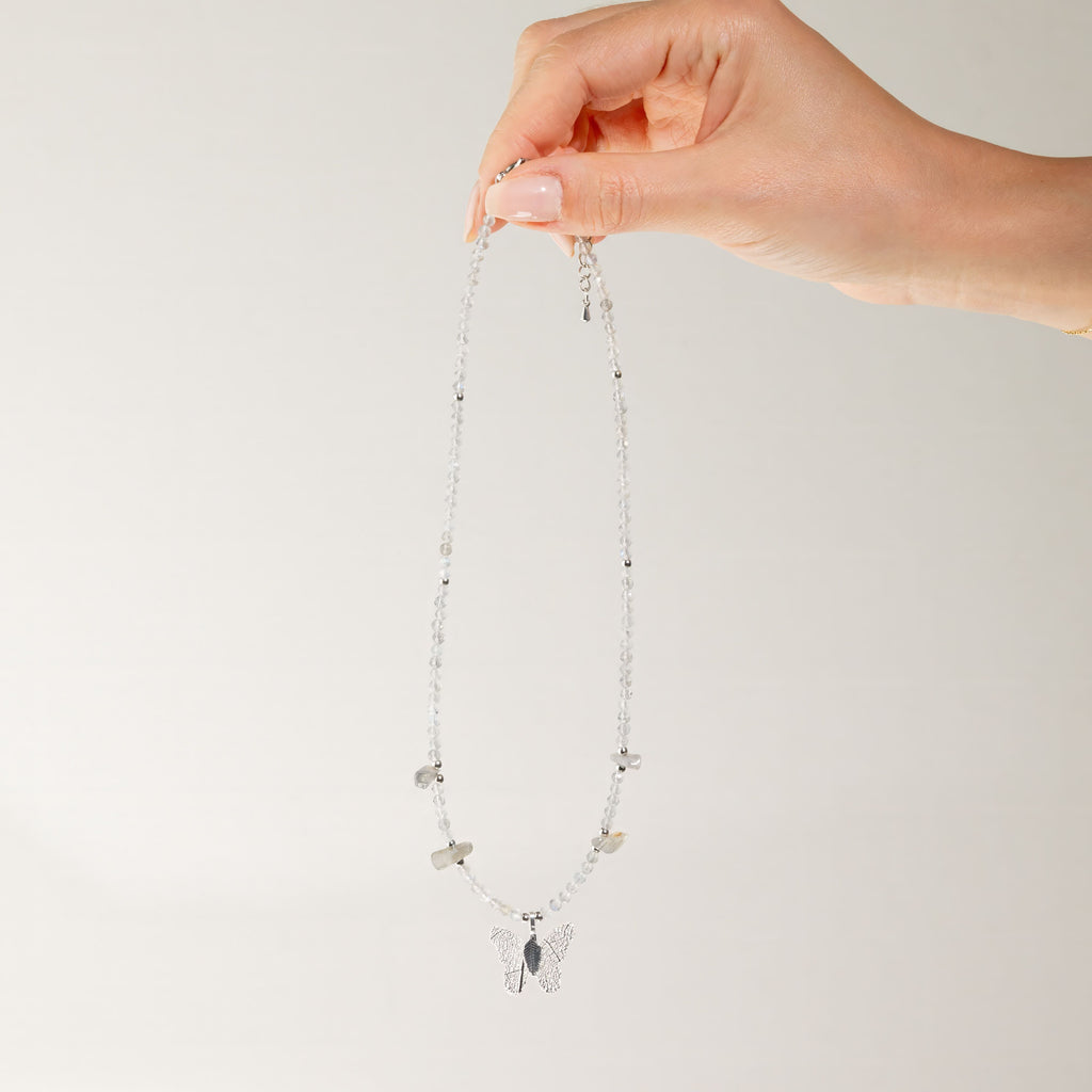 Nymph Labradorite Gemstone Necklace with Real Leaf Butterfly Pendant Necklaces