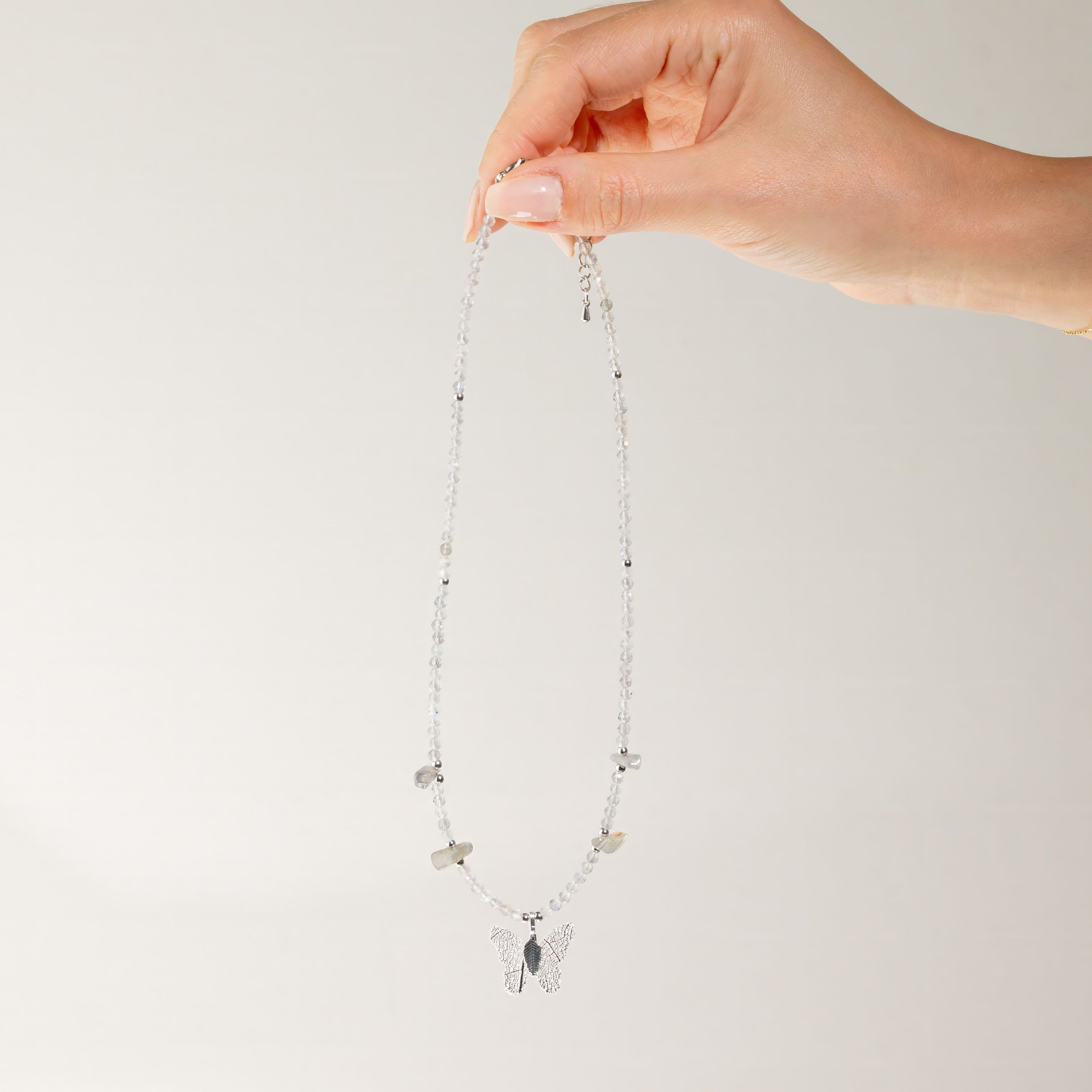 Nymph Labradorite Gemstone Necklace with Real Leaf Butterfly Pendant Necklaces