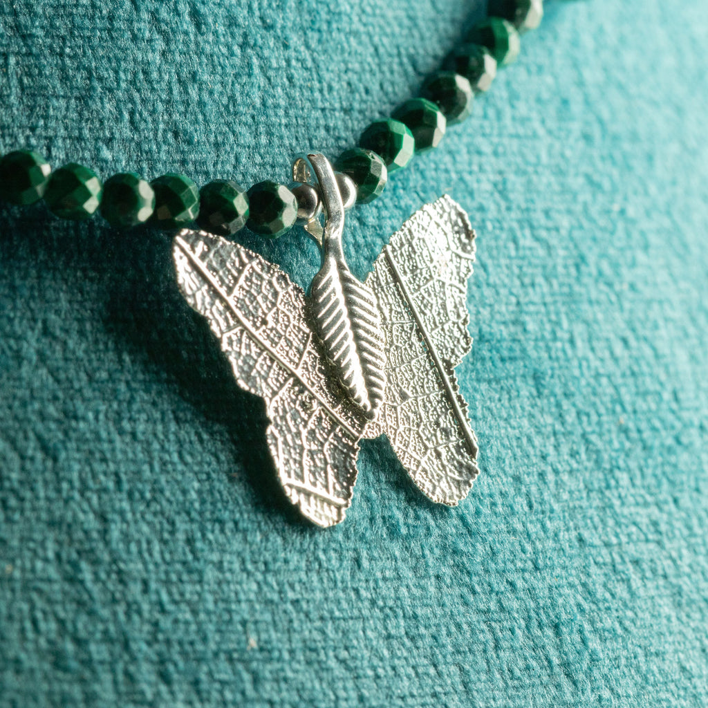 Nymph Malachite Gemstone Necklace with Real Leaf Butterfly Pendant Necklaces