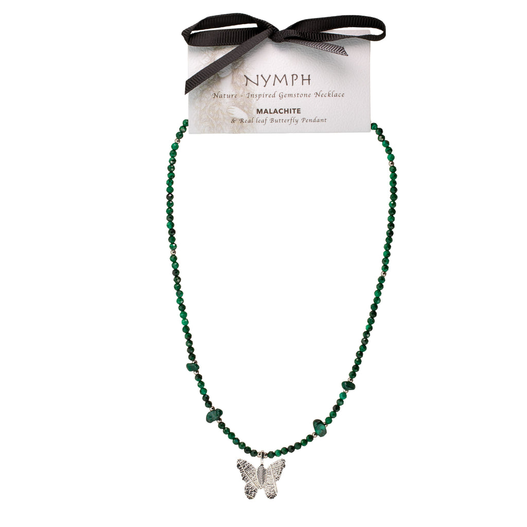 Nymph Malachite Gemstone Necklace with Real Leaf Butterfly Pendant Necklaces