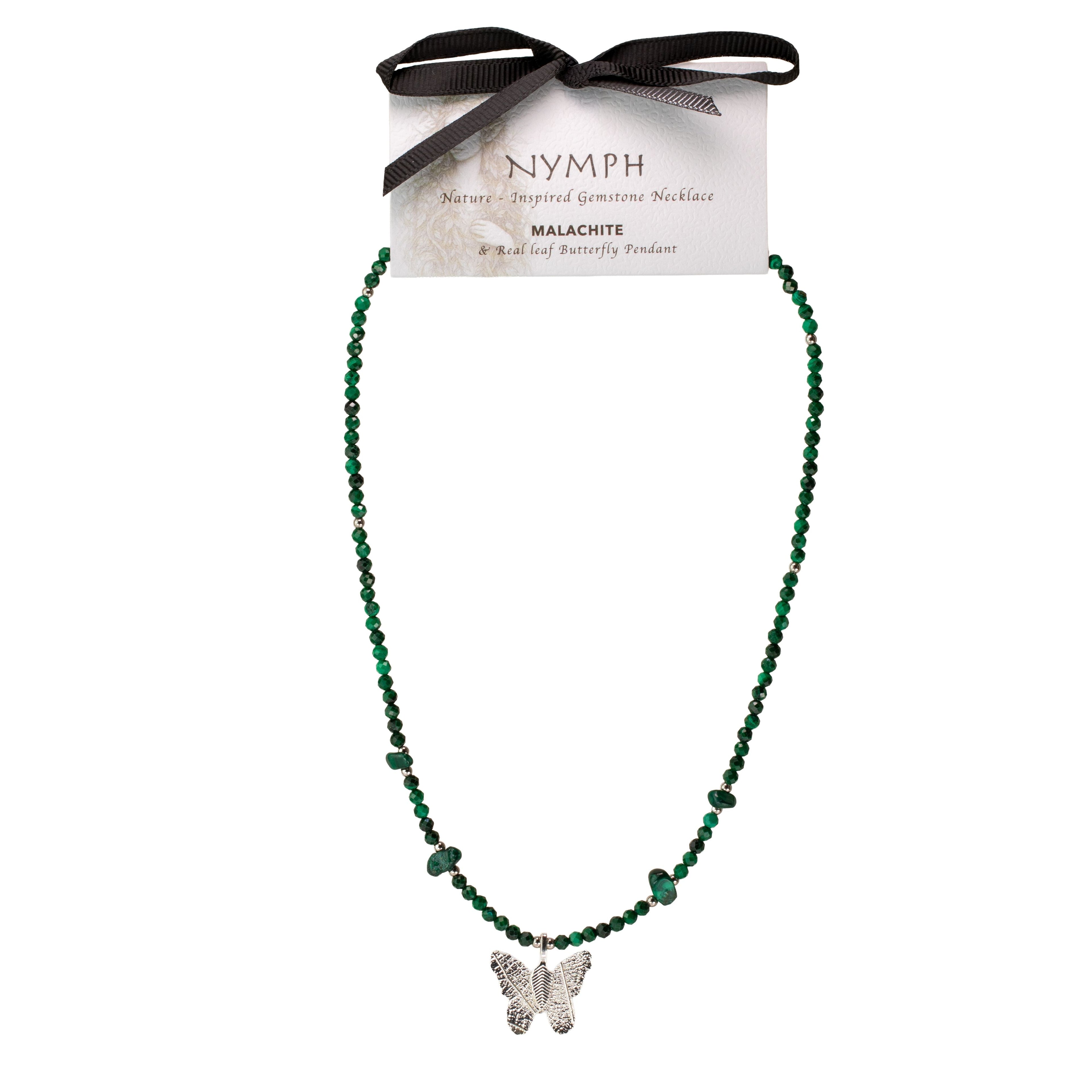 Nymph Malachite Gemstone Necklace with Real Leaf Butterfly Pendant Necklaces
