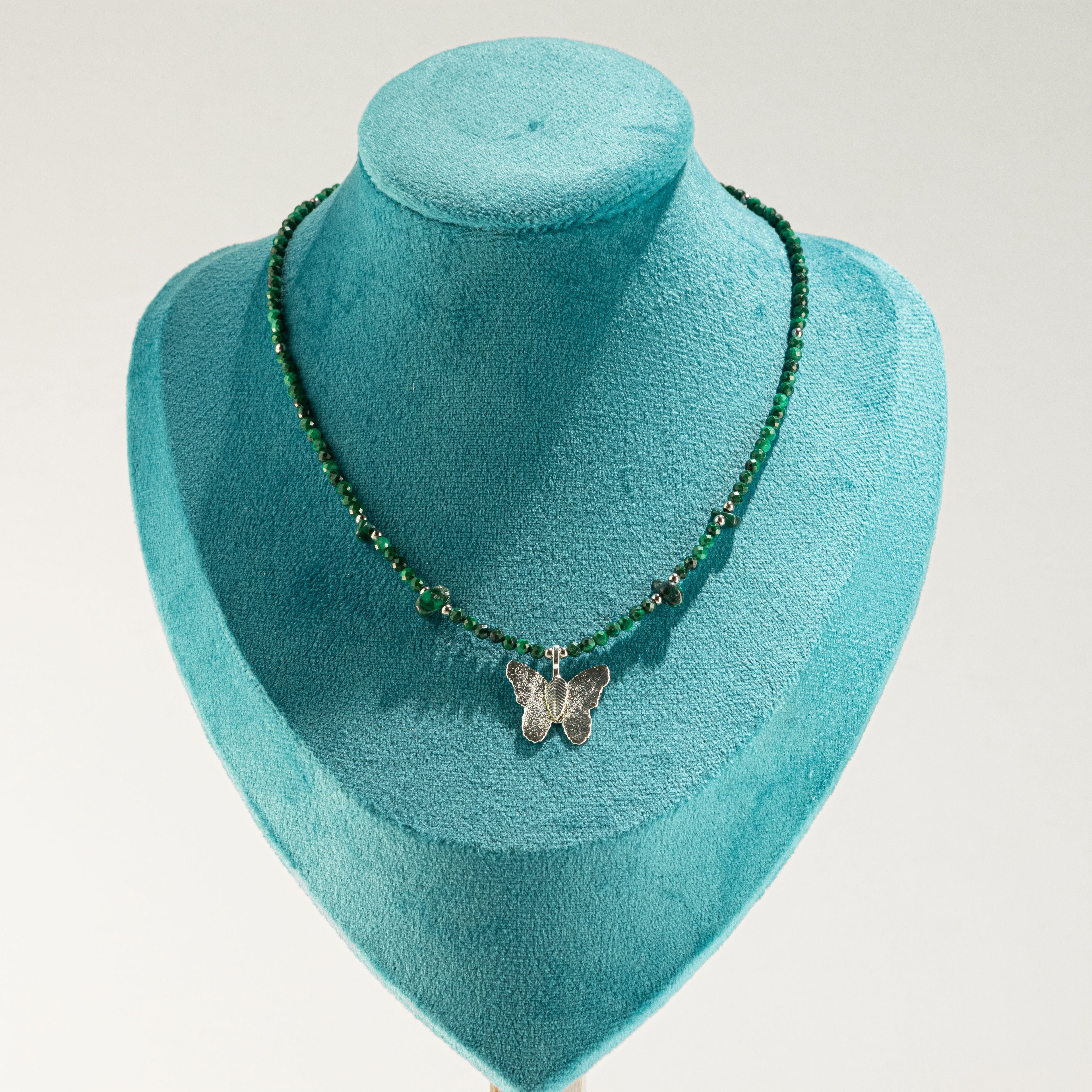 Nymph Malachite Gemstone Necklace with Real Leaf Butterfly Pendant Necklaces