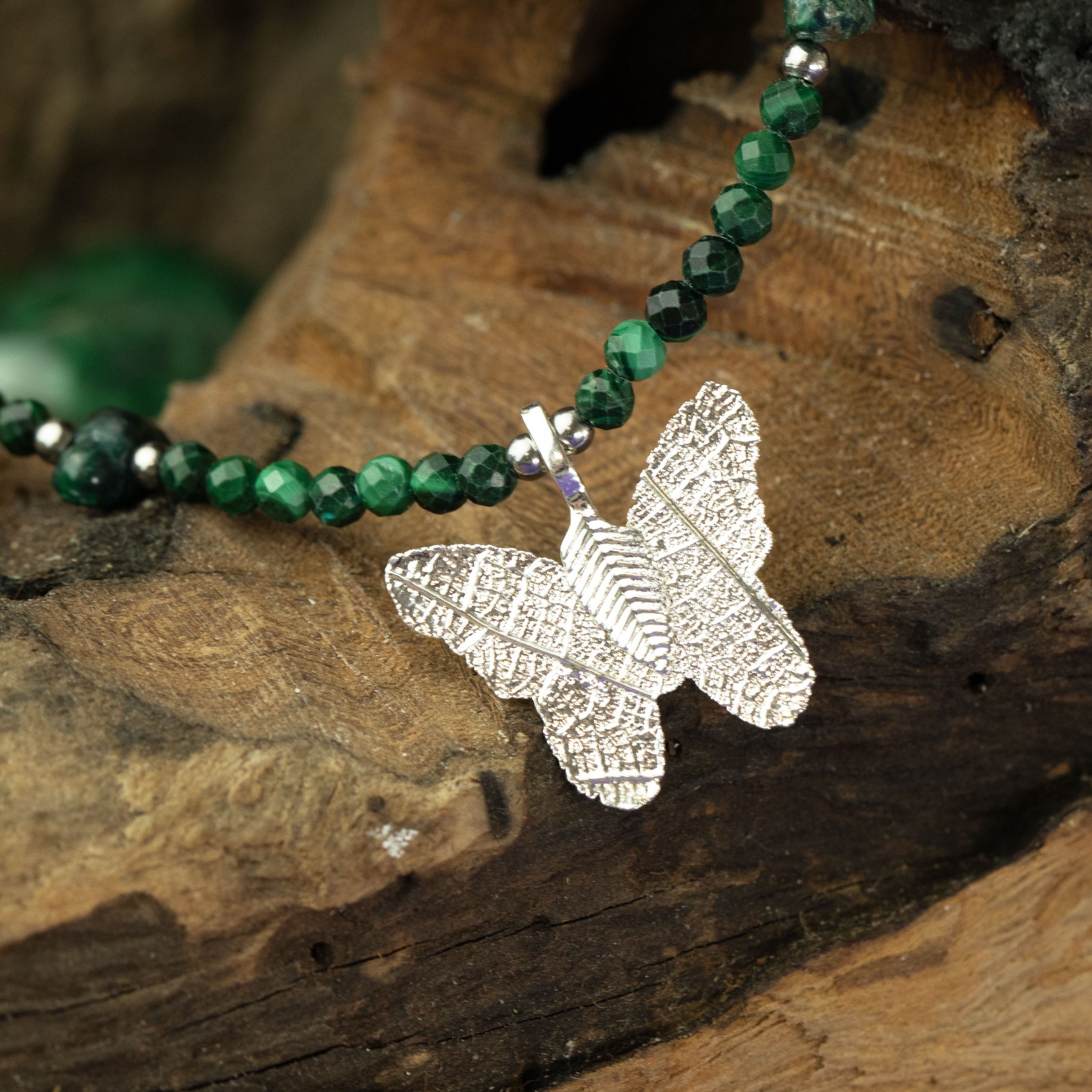 Nymph Malachite Gemstone Necklace with Real Leaf Butterfly Pendant Necklaces