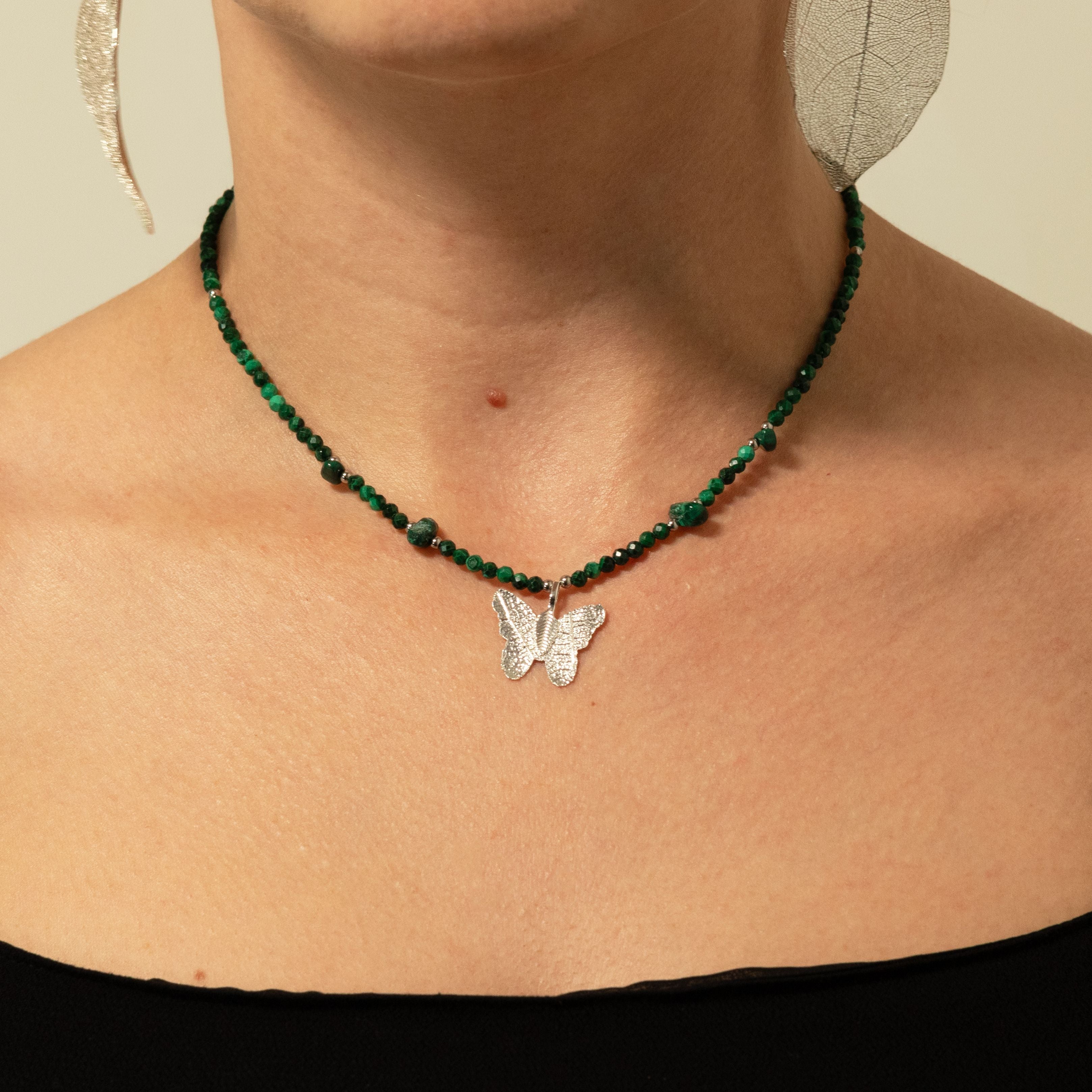 Nymph Malachite Gemstone Necklace with Real Leaf Butterfly Pendant Necklaces