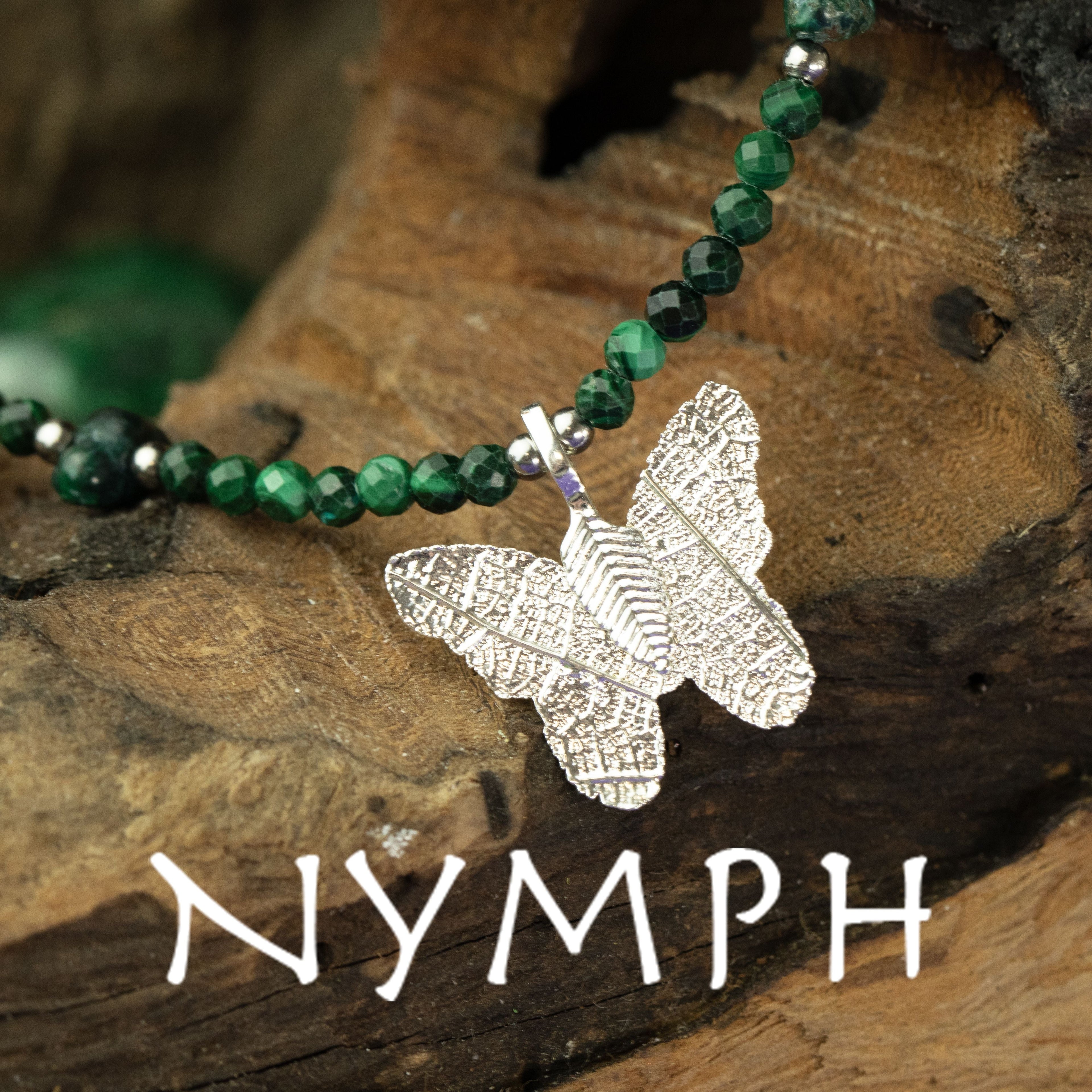 Nymph Malachite Gemstone Necklace with Real Leaf Butterfly Pendant Necklaces