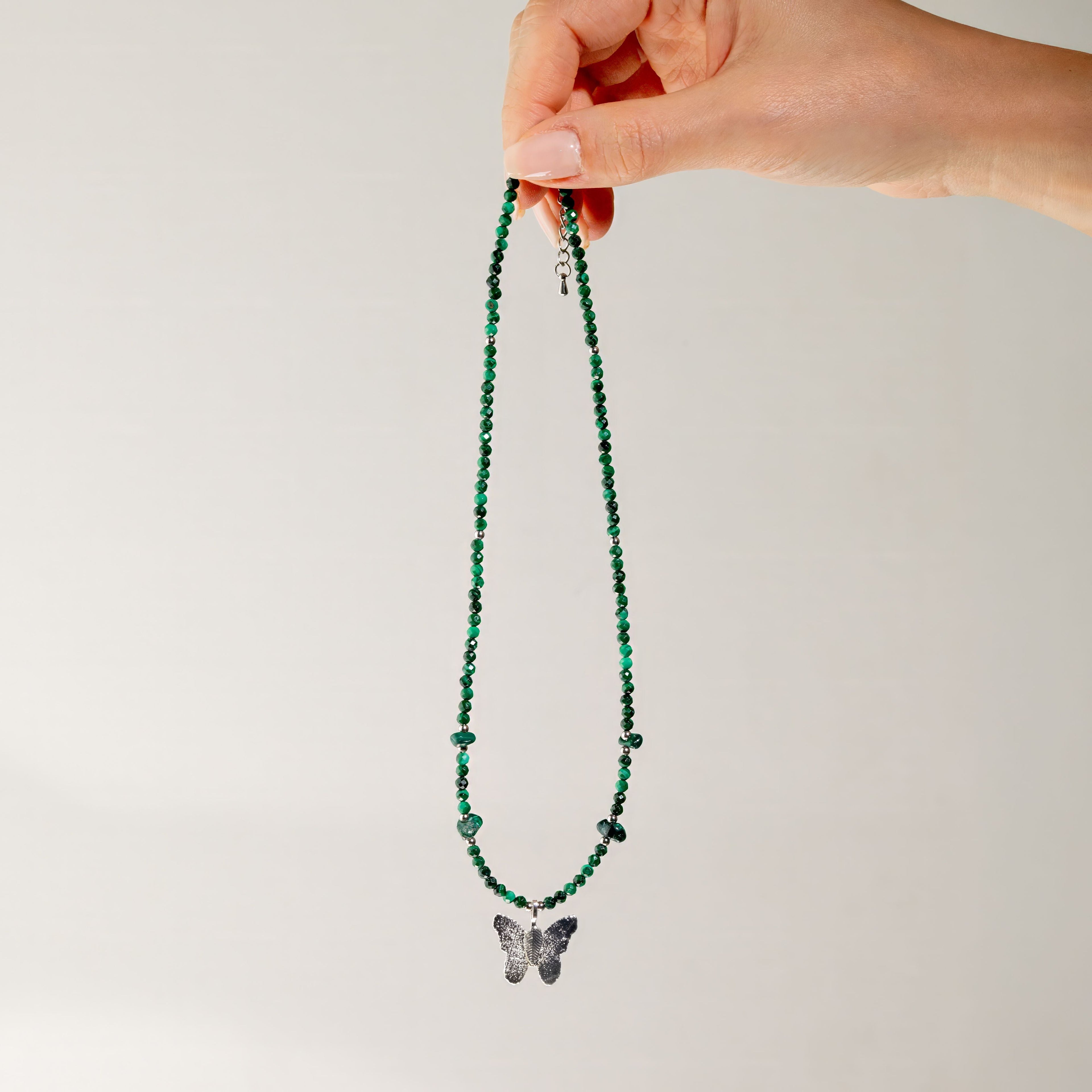 Nymph Malachite Gemstone Necklace with Real Leaf Butterfly Pendant Necklaces
