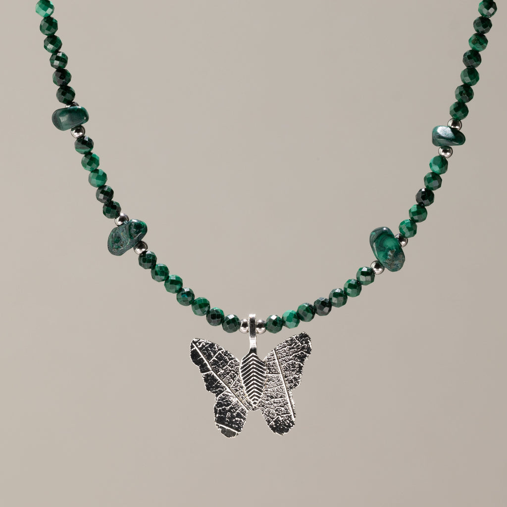 Nymph Malachite Gemstone Necklace with Real Leaf Butterfly Pendant Necklaces