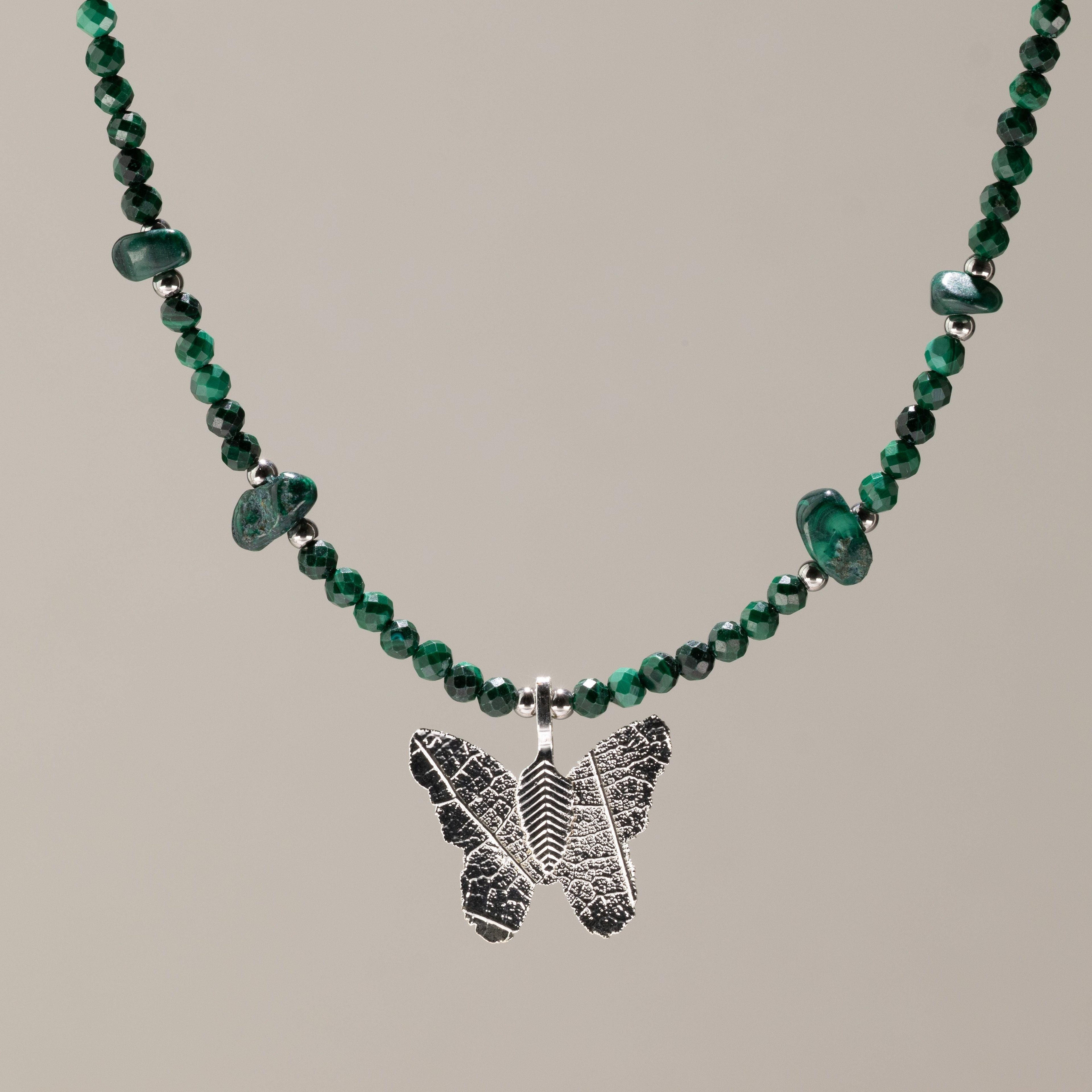 Nymph Malachite Gemstone Necklace with Real Leaf Butterfly Pendant Necklaces