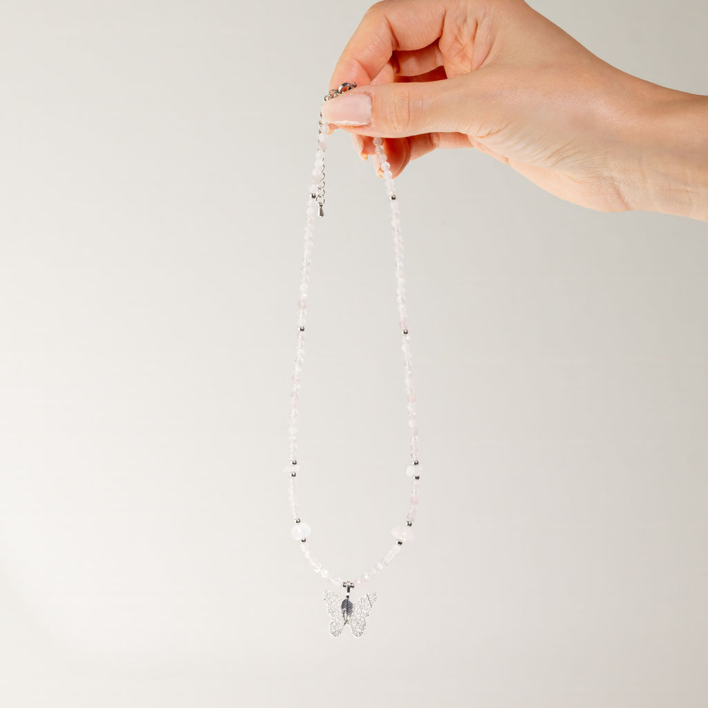 Nymph Rose Quartz Gemstone Necklace with Real Leaf Butterfly Pendant Necklaces