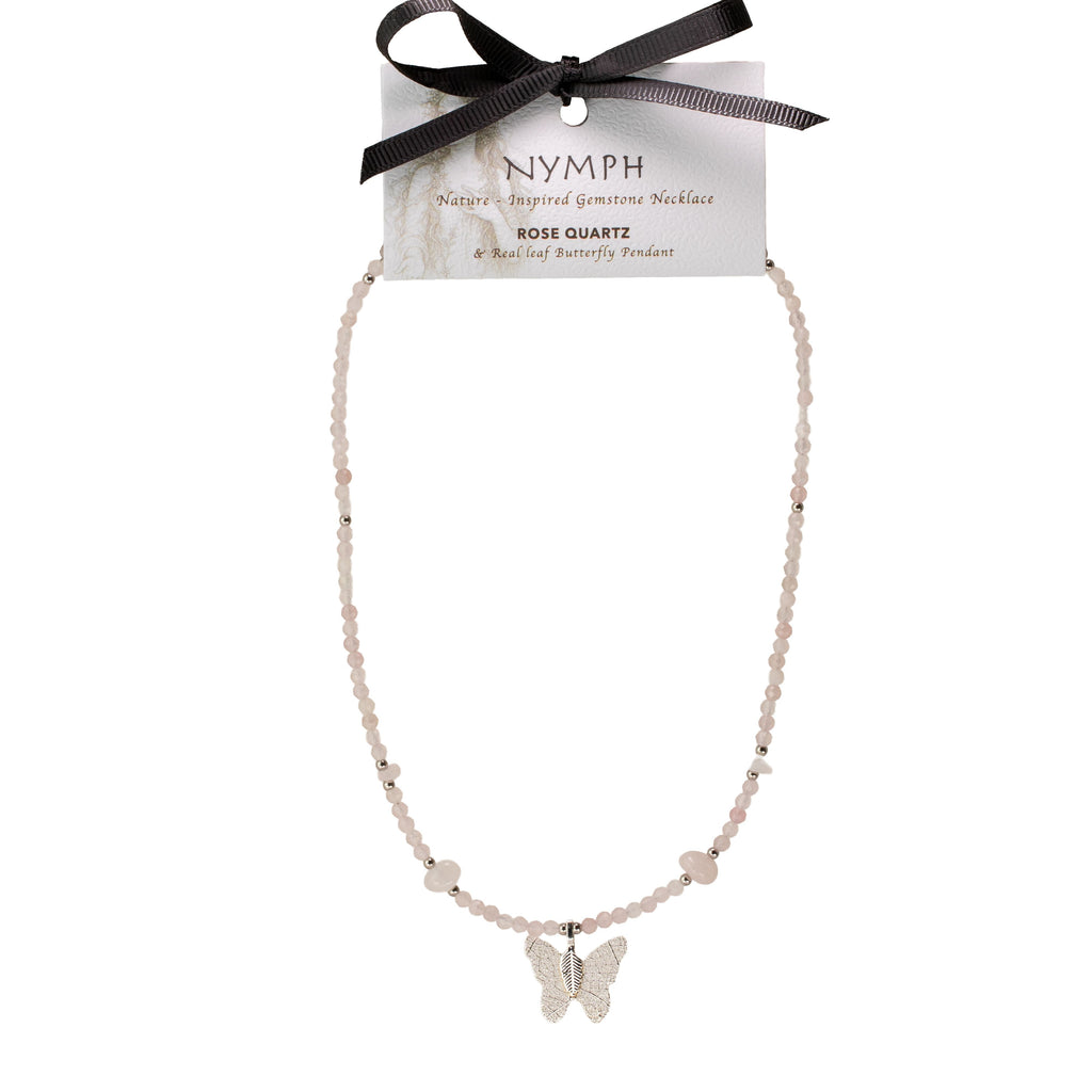 Nymph Rose Quartz Gemstone Necklace with Real Leaf Butterfly Pendant Necklaces