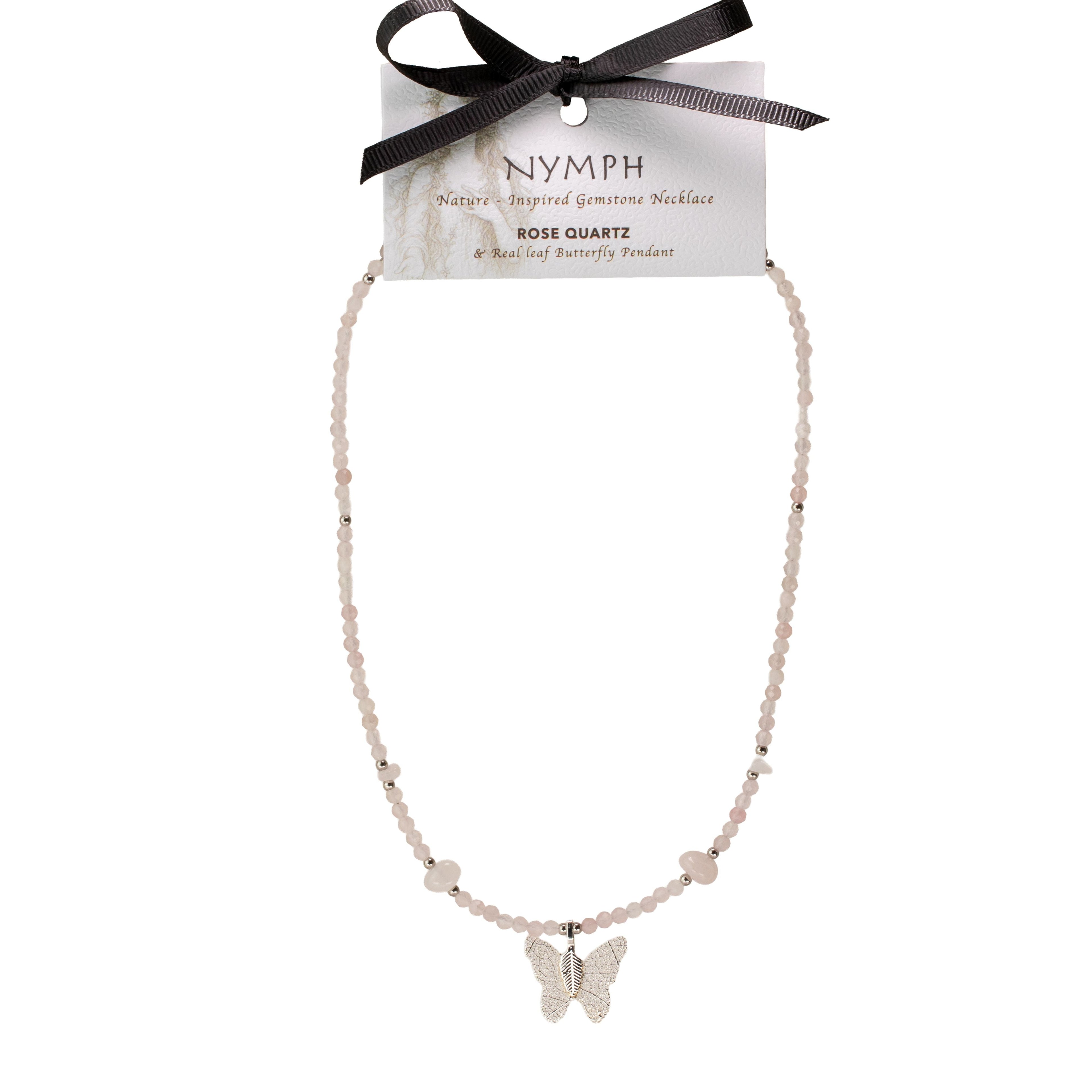 Nymph Rose Quartz Gemstone Necklace with Real Leaf Butterfly Pendant Necklaces
