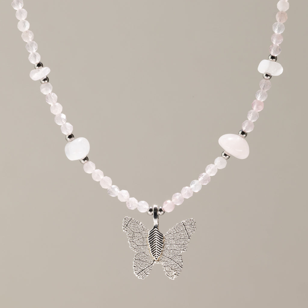 Nymph Rose Quartz Gemstone Necklace with Real Leaf Butterfly Pendant Necklaces