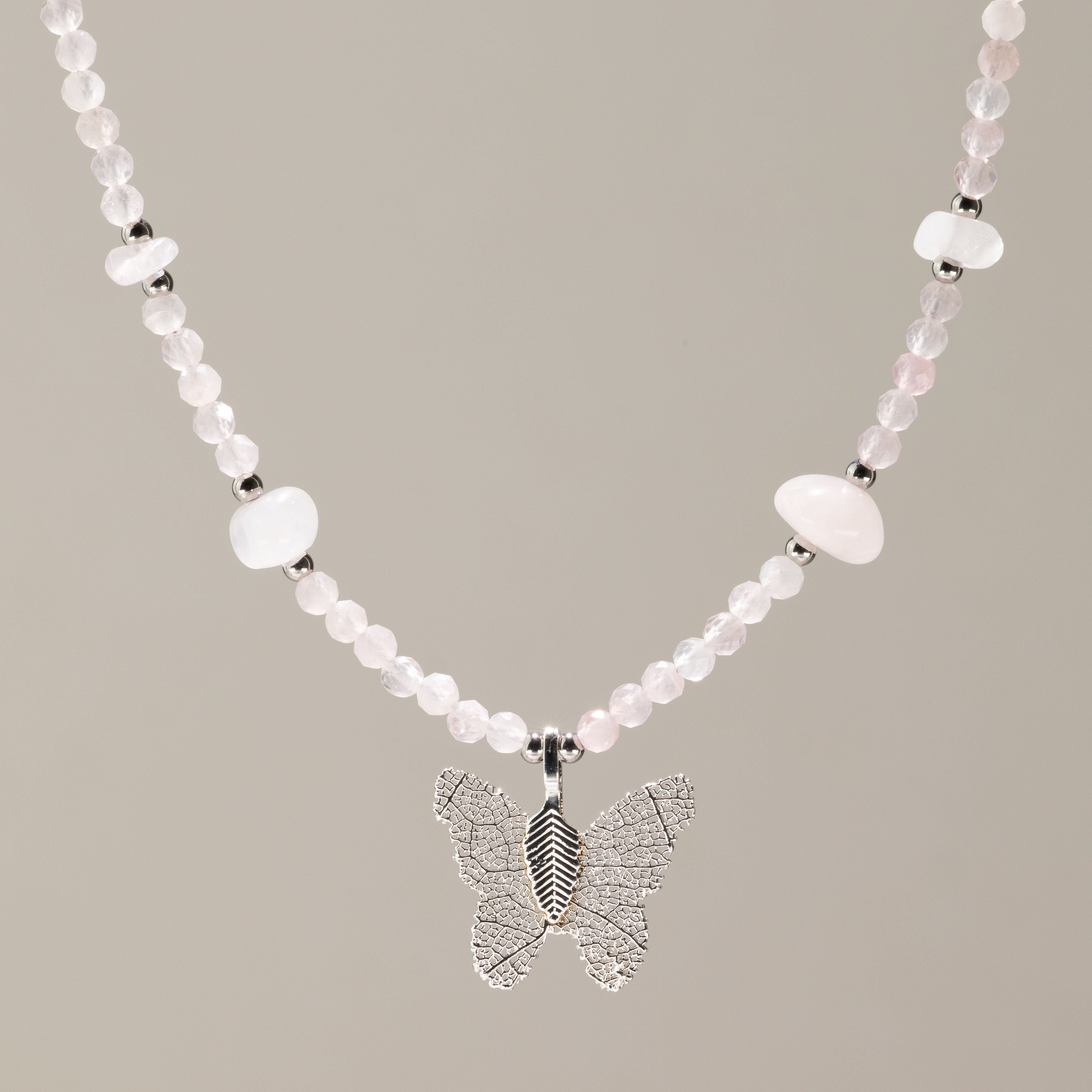 Nymph Rose Quartz Gemstone Necklace with Real Leaf Butterfly Pendant Necklaces
