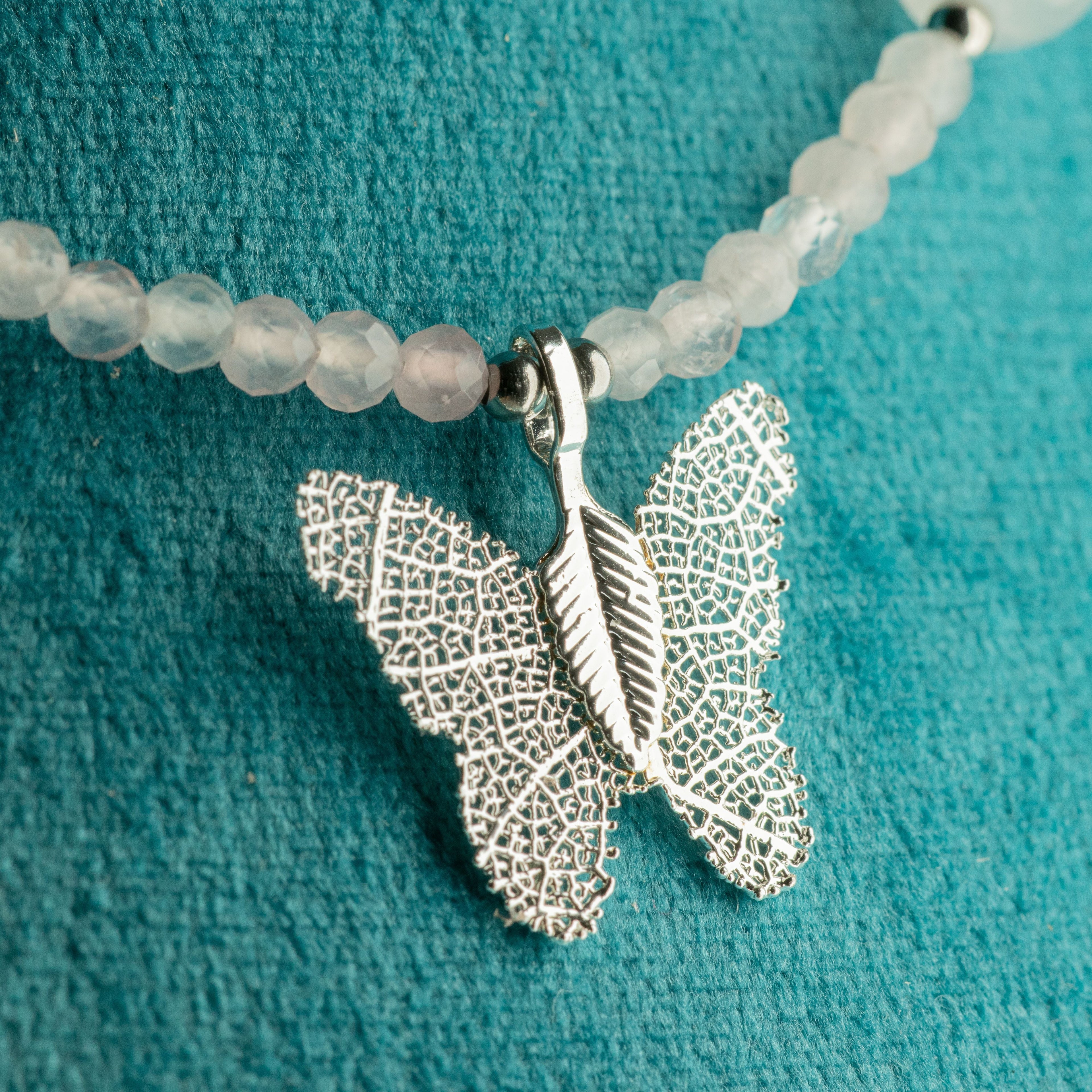 Nymph Rose Quartz Gemstone Necklace with Real Leaf Butterfly Pendant Necklaces
