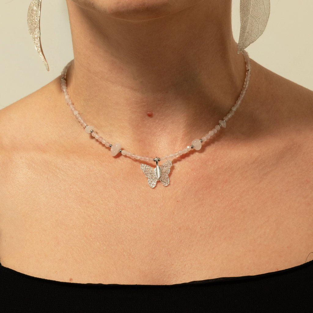 Nymph Rose Quartz Gemstone Necklace with Real Leaf Butterfly Pendant Necklaces