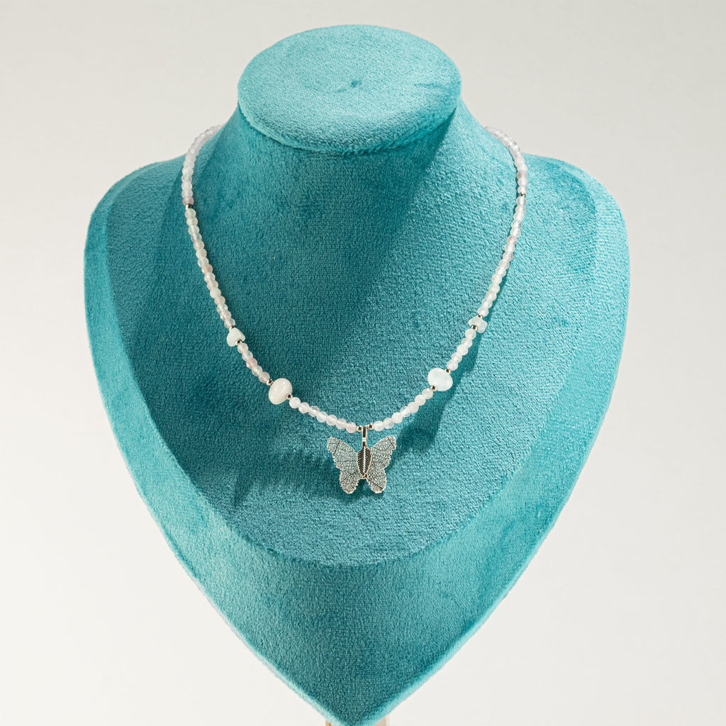 Nymph Rose Quartz Gemstone Necklace with Real Leaf Butterfly Pendant Necklaces