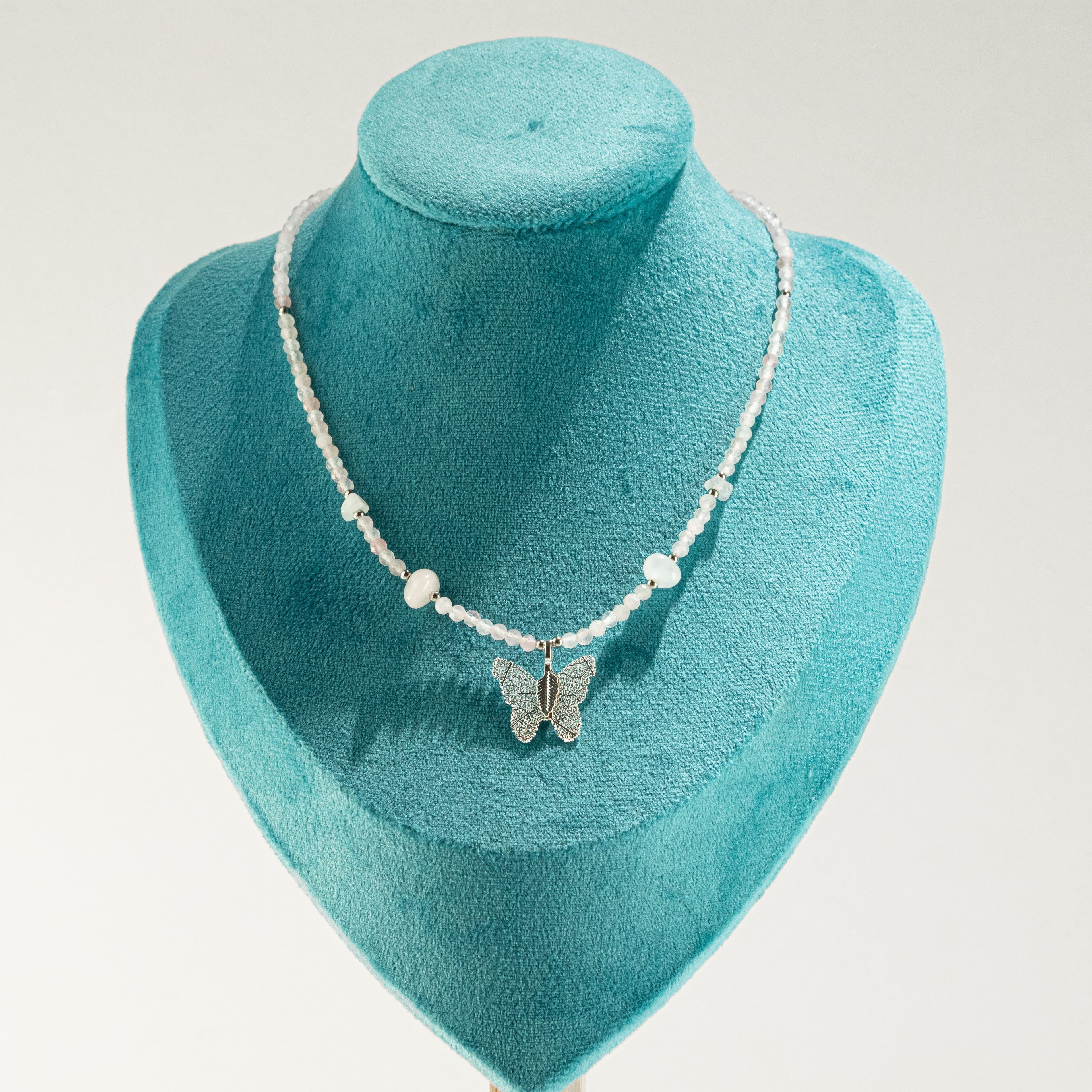 Nymph Rose Quartz Gemstone Necklace with Real Leaf Butterfly Pendant Necklaces