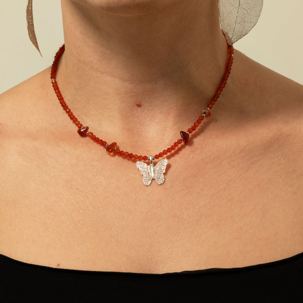 Nymph Ruby Gemstone Necklace with Real Leaf Butterfly Pendant Necklaces