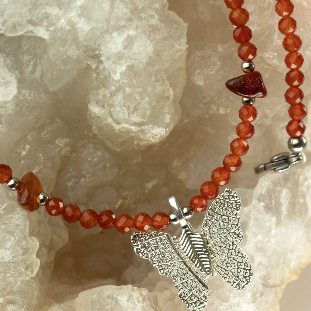 Nymph Ruby Gemstone Necklace with Real Leaf Butterfly Pendant Necklaces