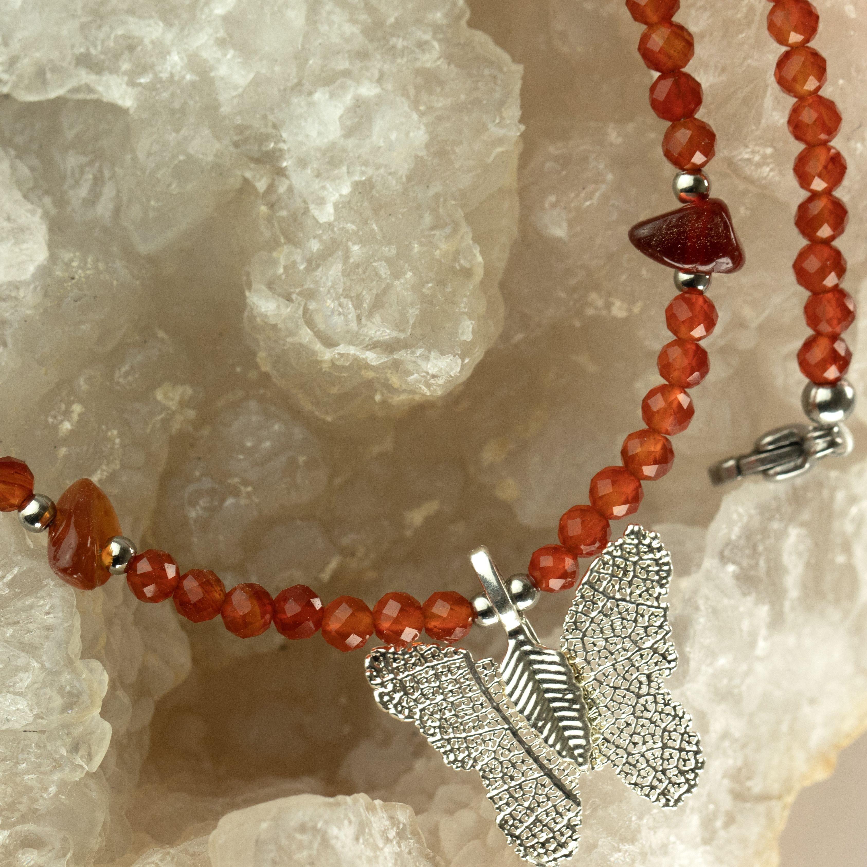 Nymph Ruby Gemstone Necklace with Real Leaf Butterfly Pendant Necklaces
