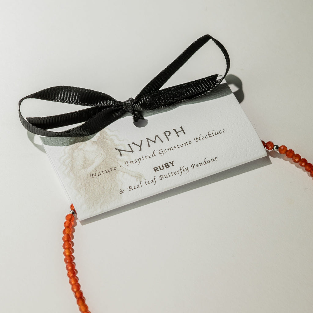 Nymph Ruby Gemstone Necklace with Real Leaf Butterfly Pendant Necklaces