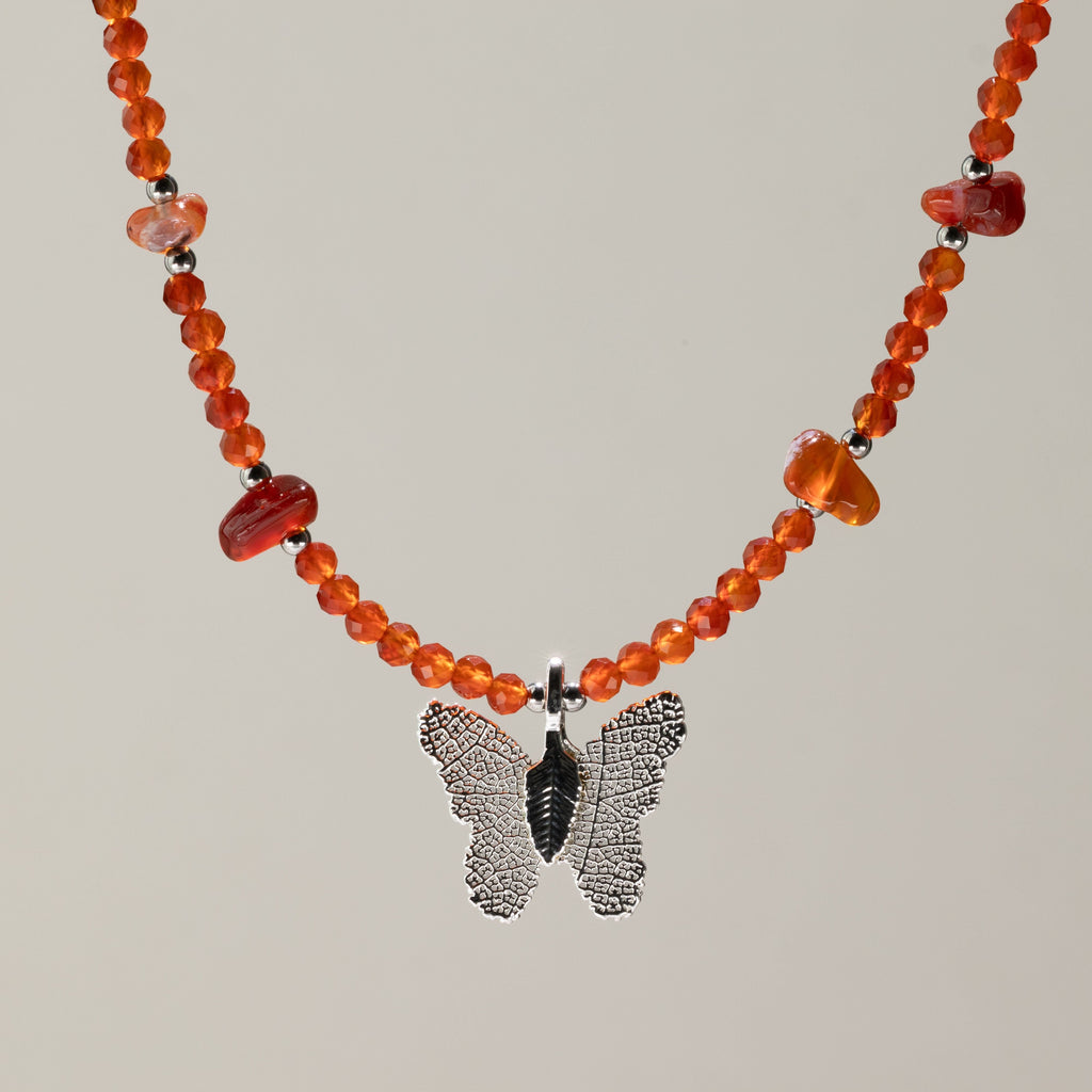 Nymph Ruby Gemstone Necklace with Real Leaf Butterfly Pendant Necklaces