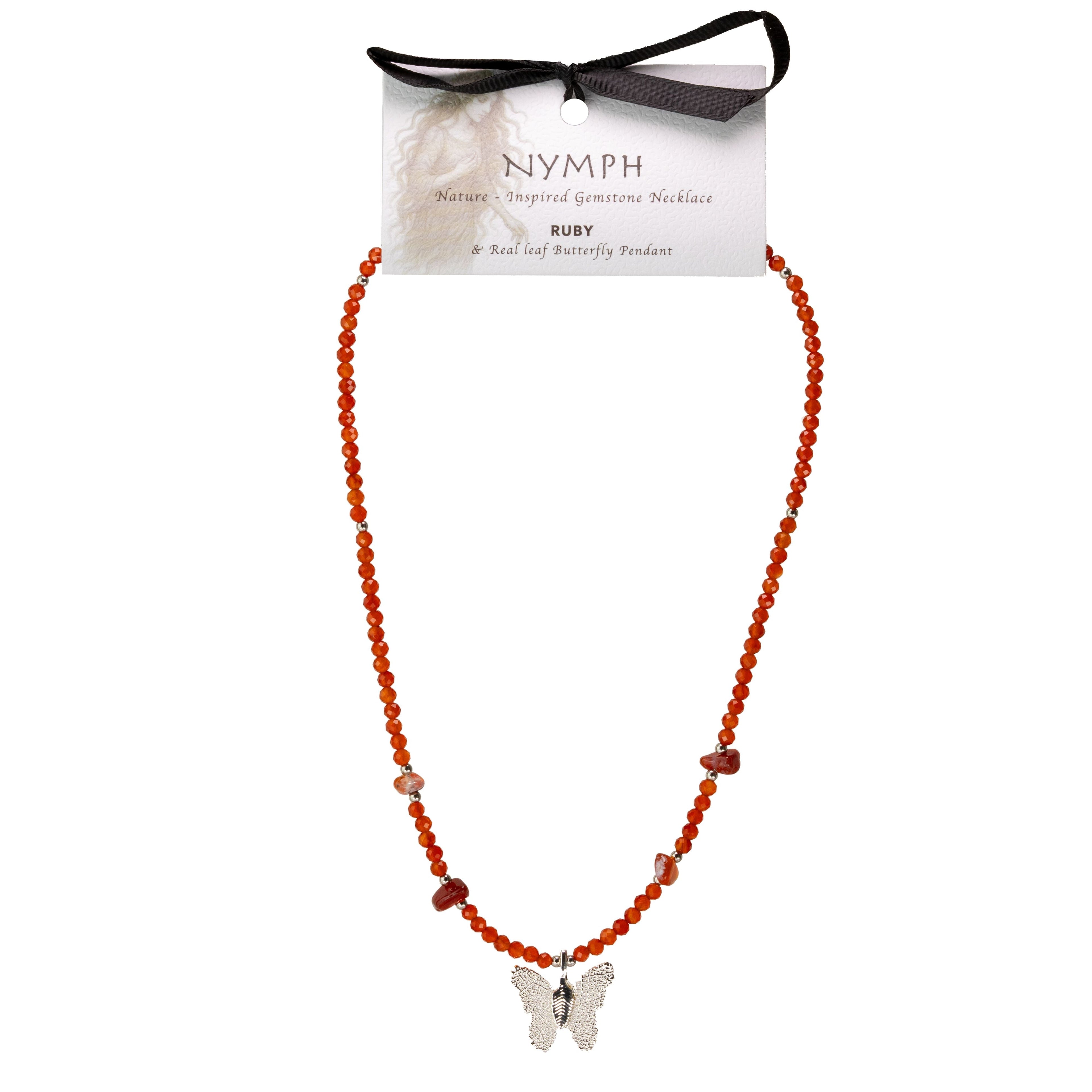 Nymph Ruby Gemstone Necklace with Real Leaf Butterfly Pendant Necklaces