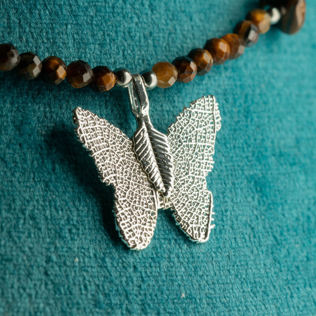 Nymph Tiger’s Eye Gemstone Necklace with Real Leaf Butterfly Pendant Necklaces