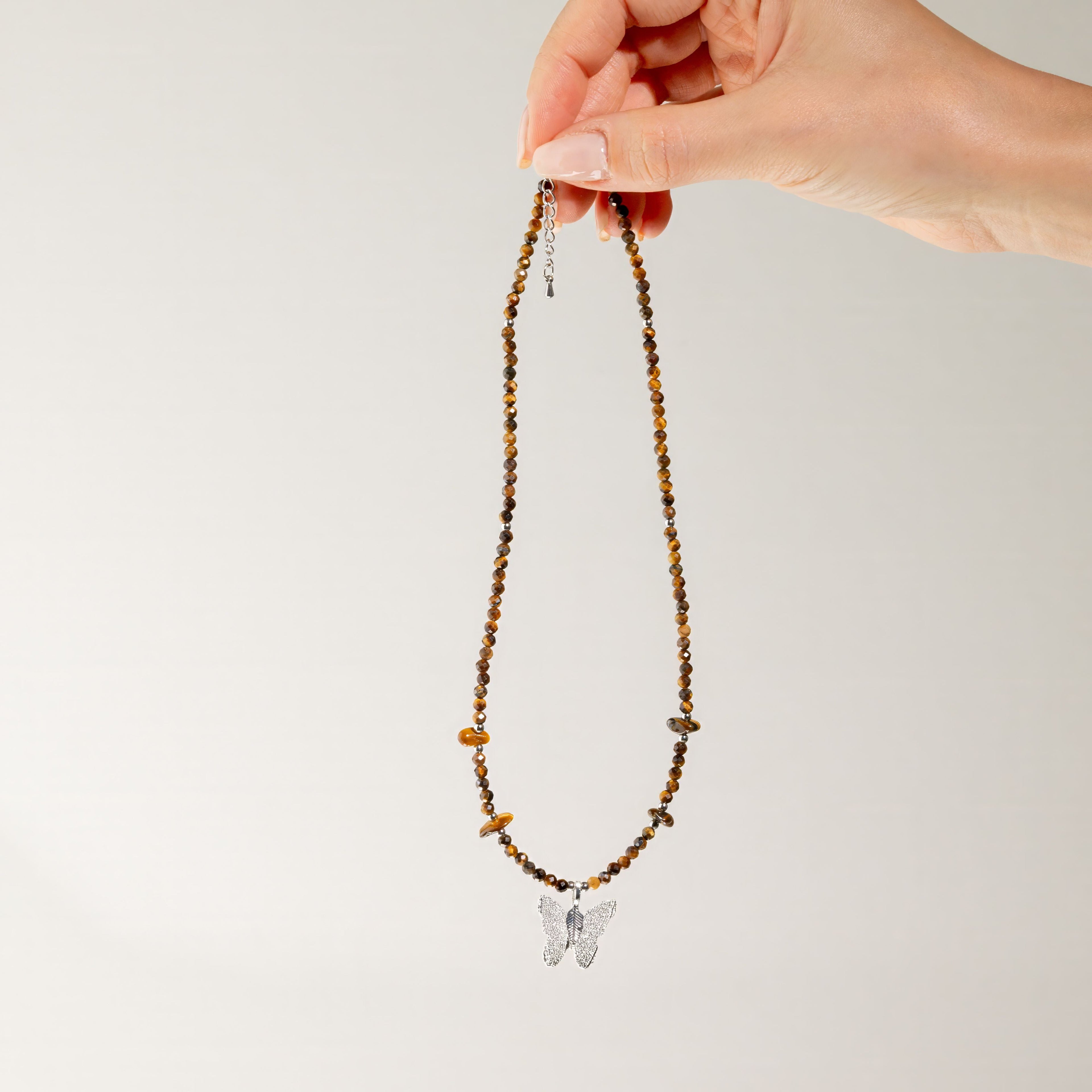 Nymph Tiger’s Eye Gemstone Necklace with Real Leaf Butterfly Pendant Necklaces
