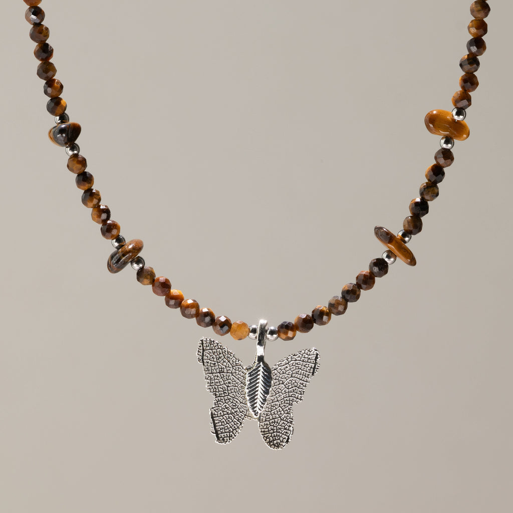 Nymph Tiger’s Eye Gemstone Necklace with Real Leaf Butterfly Pendant Necklaces