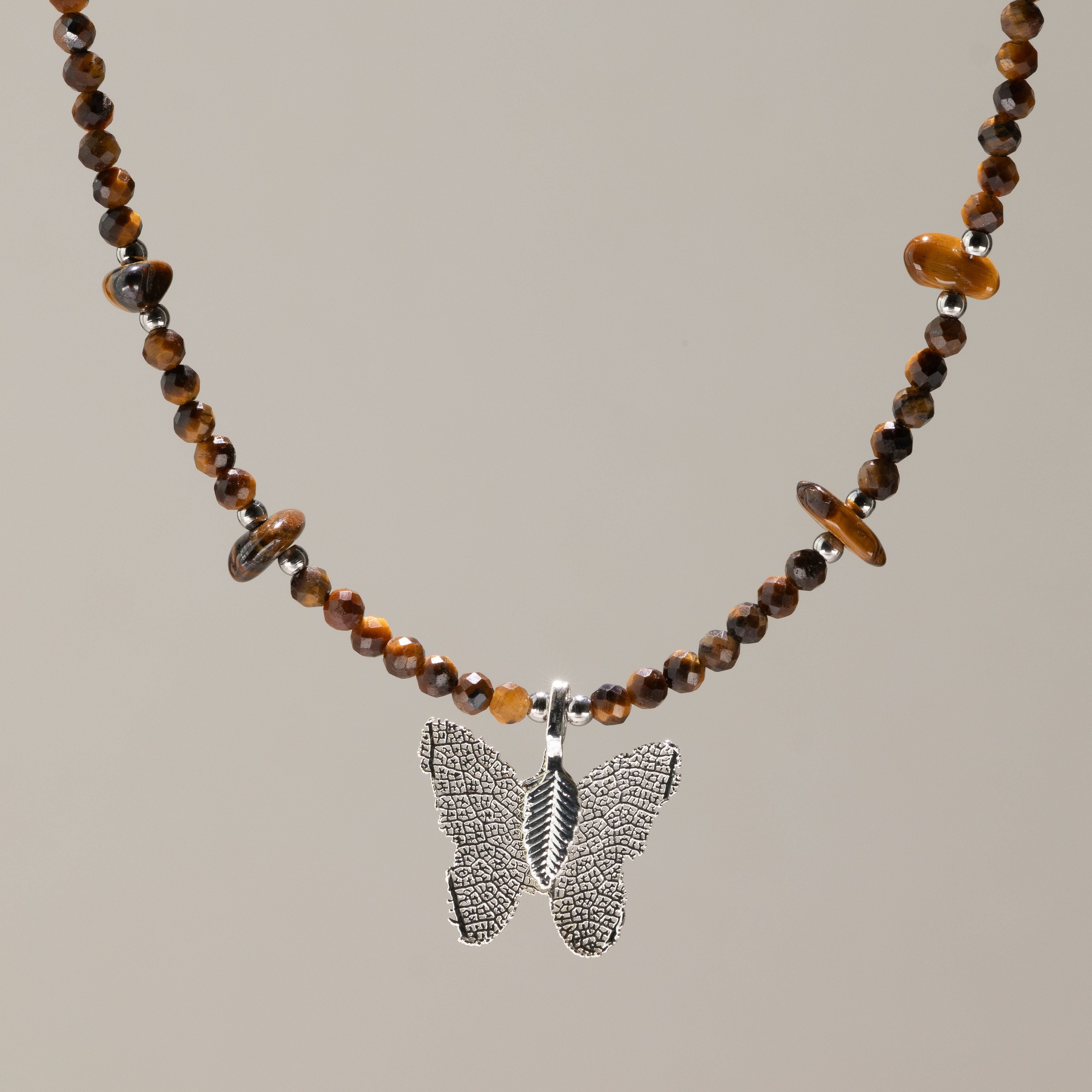 Nymph Tiger’s Eye Gemstone Necklace with Real Leaf Butterfly Pendant Necklaces