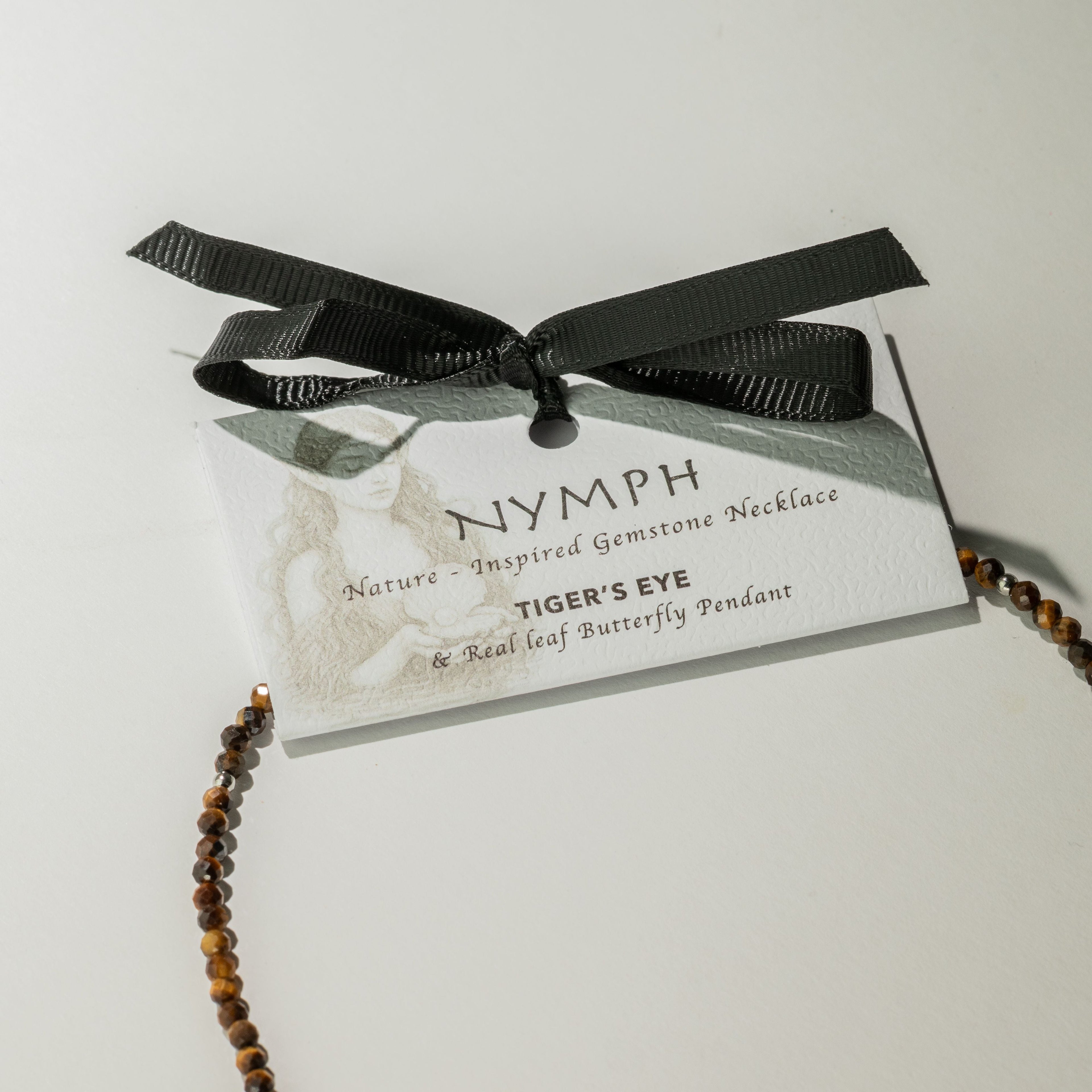 Nymph Tiger’s Eye Gemstone Necklace with Real Leaf Butterfly Pendant Necklaces