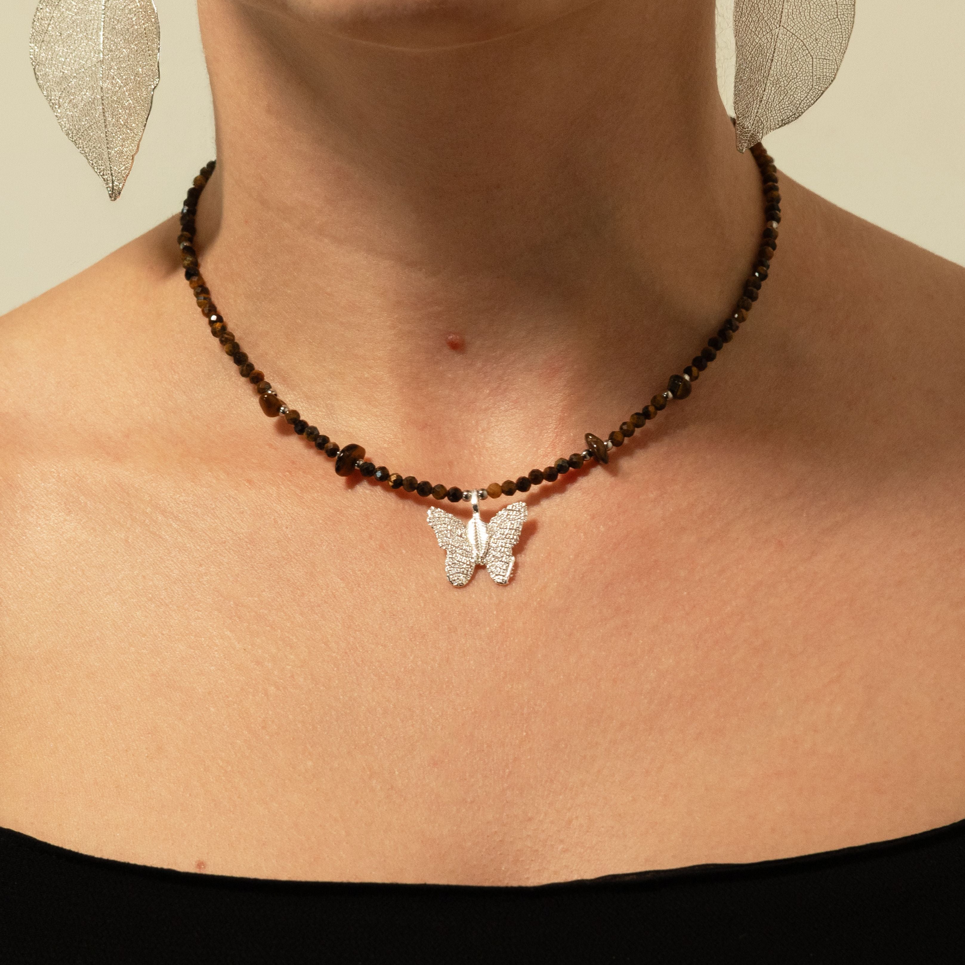 Nymph Tiger’s Eye Gemstone Necklace with Real Leaf Butterfly Pendant Necklaces