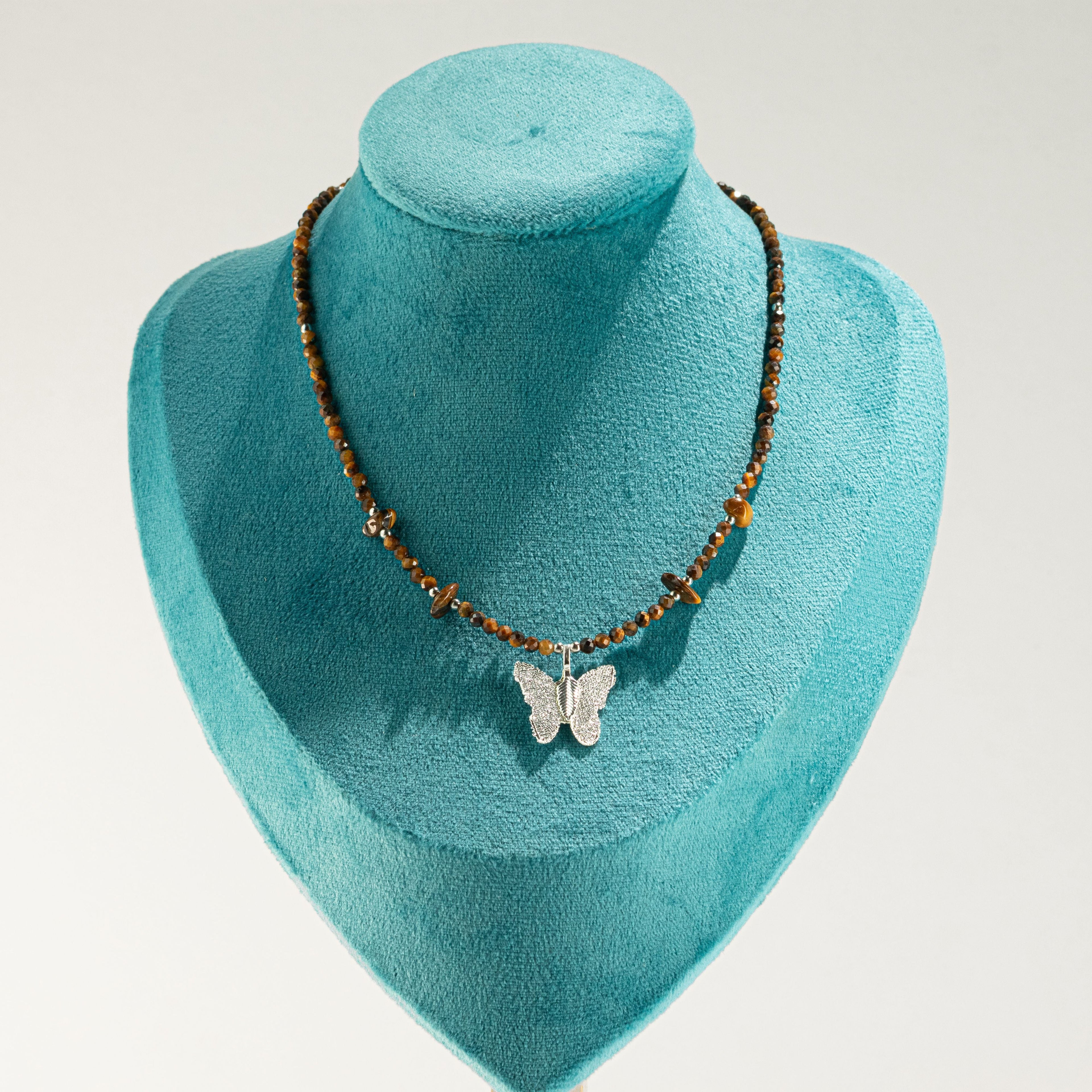 Nymph Tiger’s Eye Gemstone Necklace with Real Leaf Butterfly Pendant Necklaces